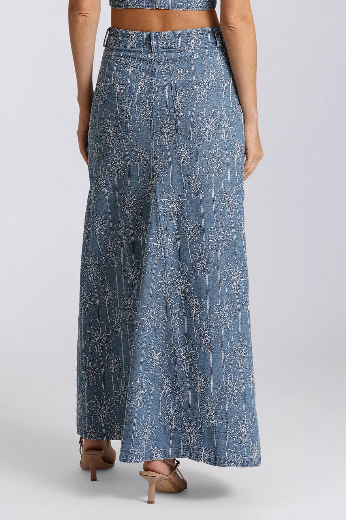 Light blue embroidered denim long maxi skirt - women's figure flattering work appropriate skirts for 2024 fashion trends by Avec Les Filles
