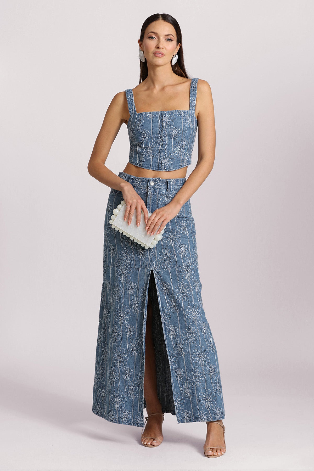 embroidered flower floral blue denim crop top and long skirt with slit set by Avec Les Filles cute day to night designer fashion