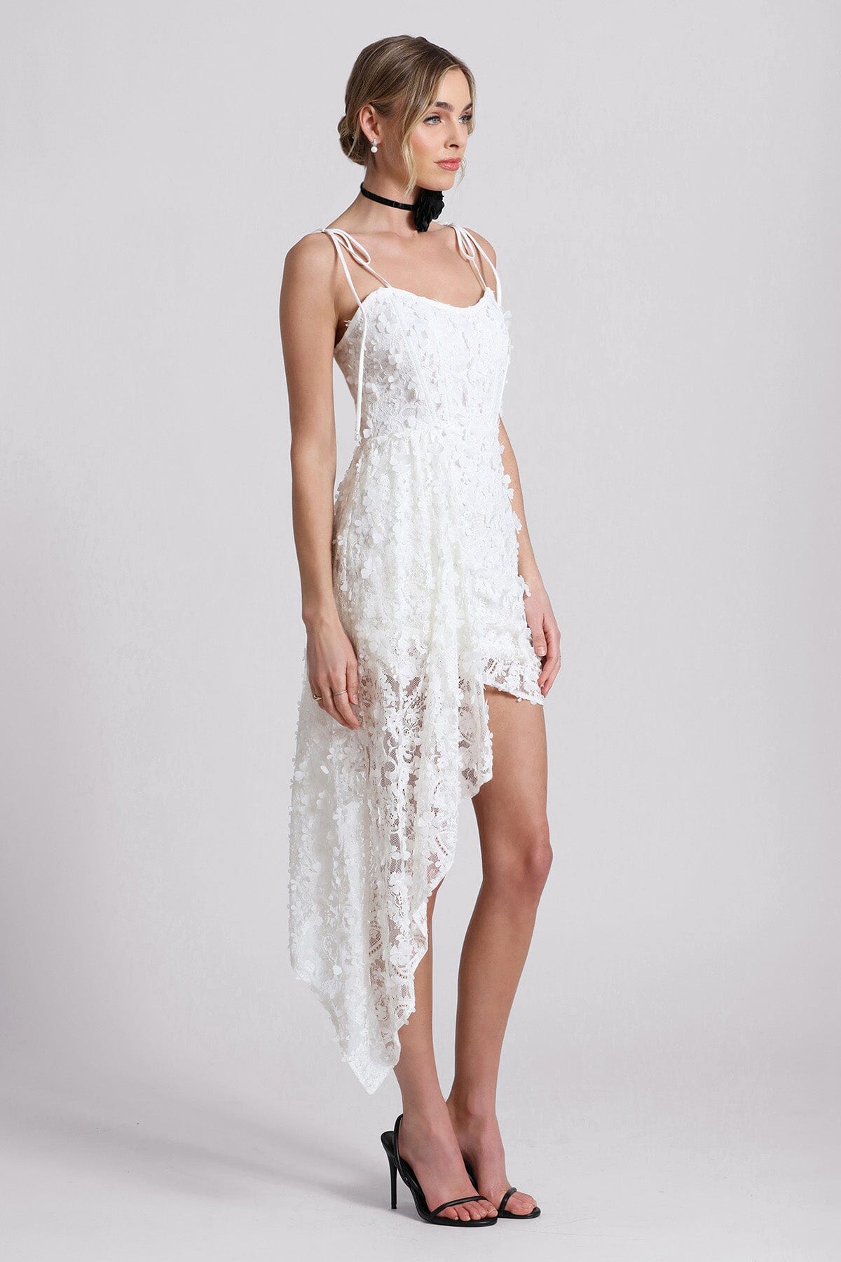 White lace waterfall hem mini dress - figure flattering summer party dresses for women by Avec Les Filles