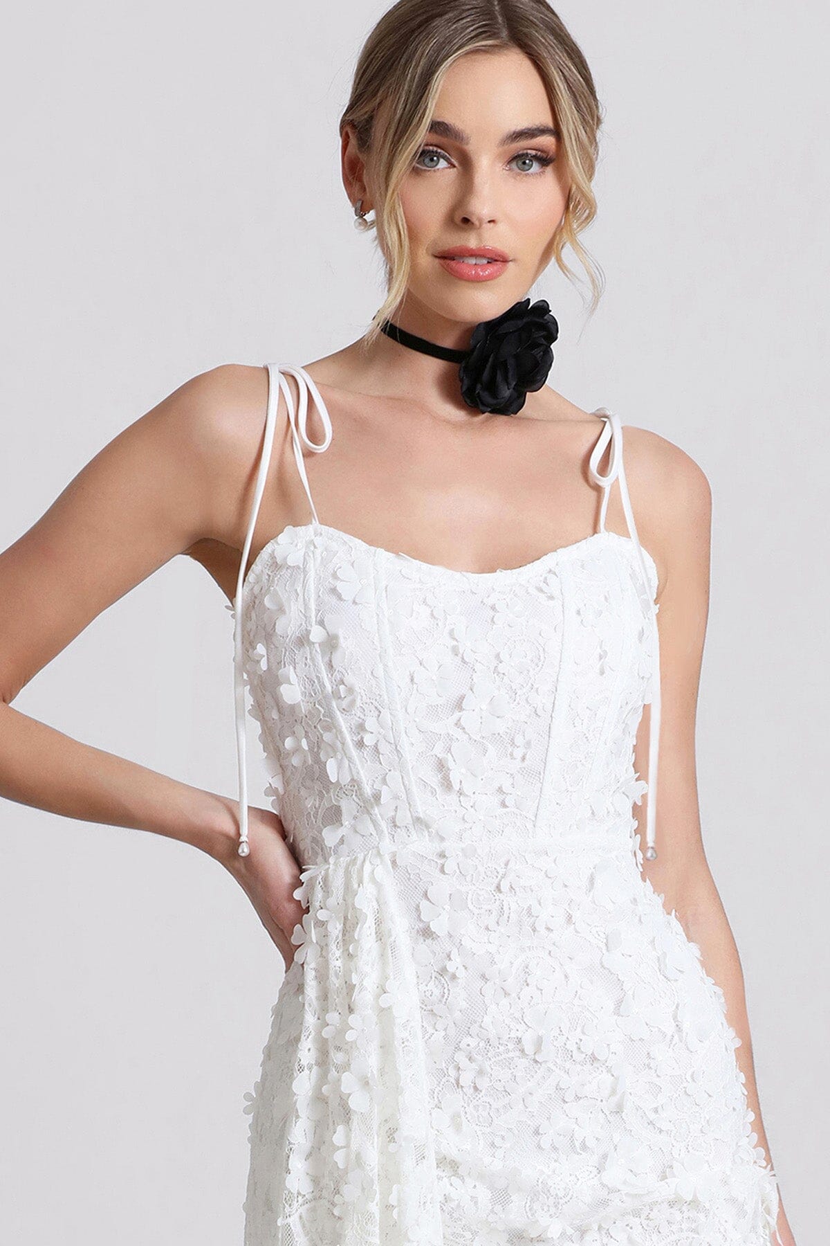 Women's figure flattering white lace waterfall hem mini dress for 2024 fashion trends by Avec Les Filles