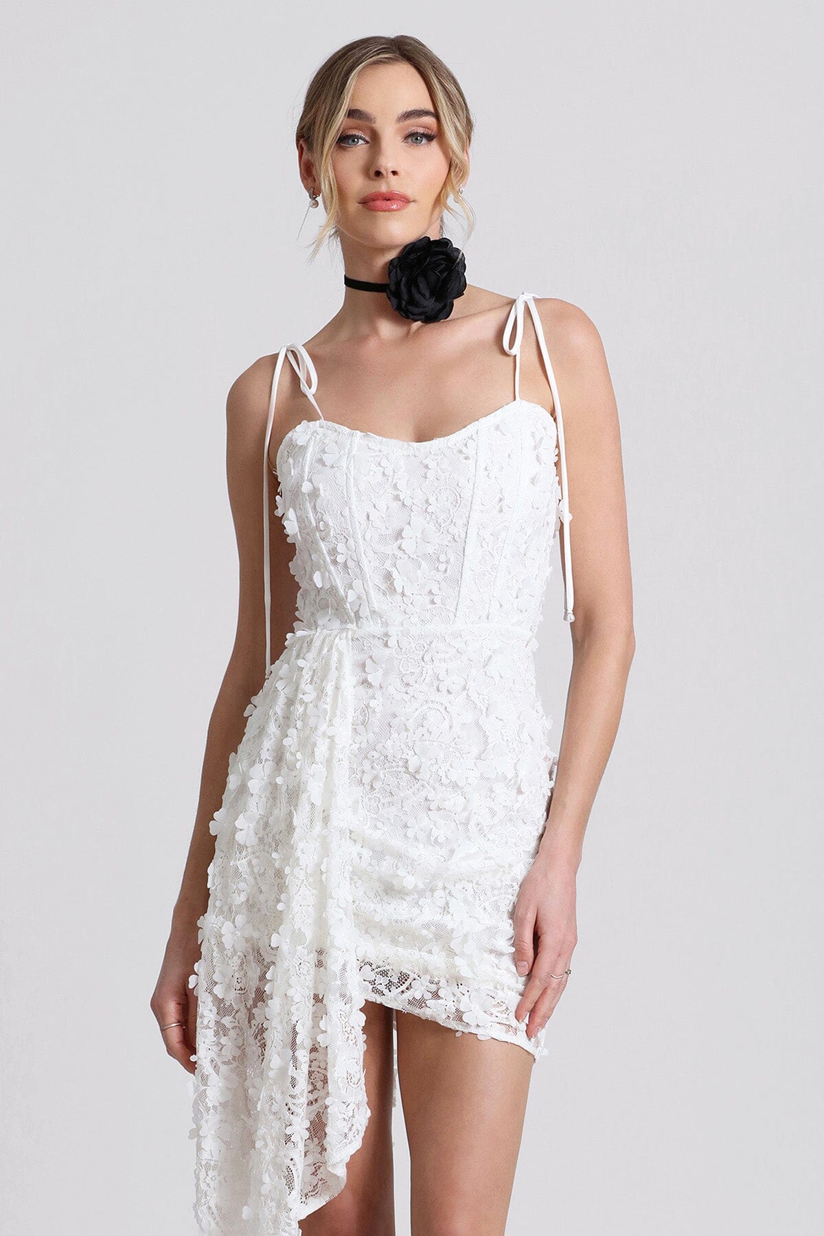 White lace waterfall hem mini dress - women's figure flattering beautiful summer dresses for 2024 trends by Avec Les Filles