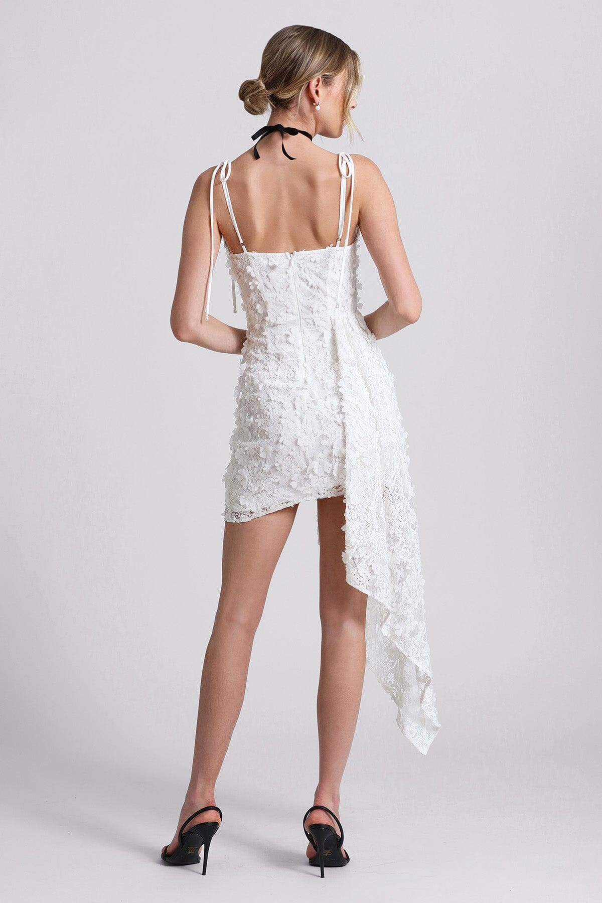 White lace waterfall hem mini dress - women's figure flattering fashion dressses for summer 2024 trends by Avec Les Filles