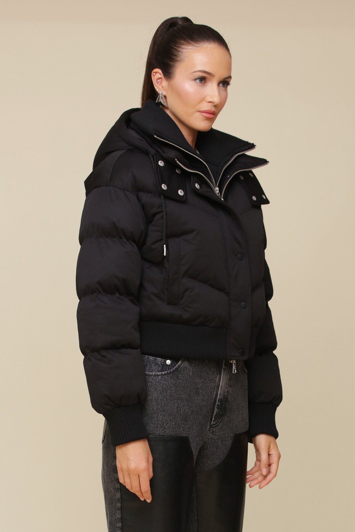 Women s Black Thermalpuff Mixed Media Cropped Puffer Jacket