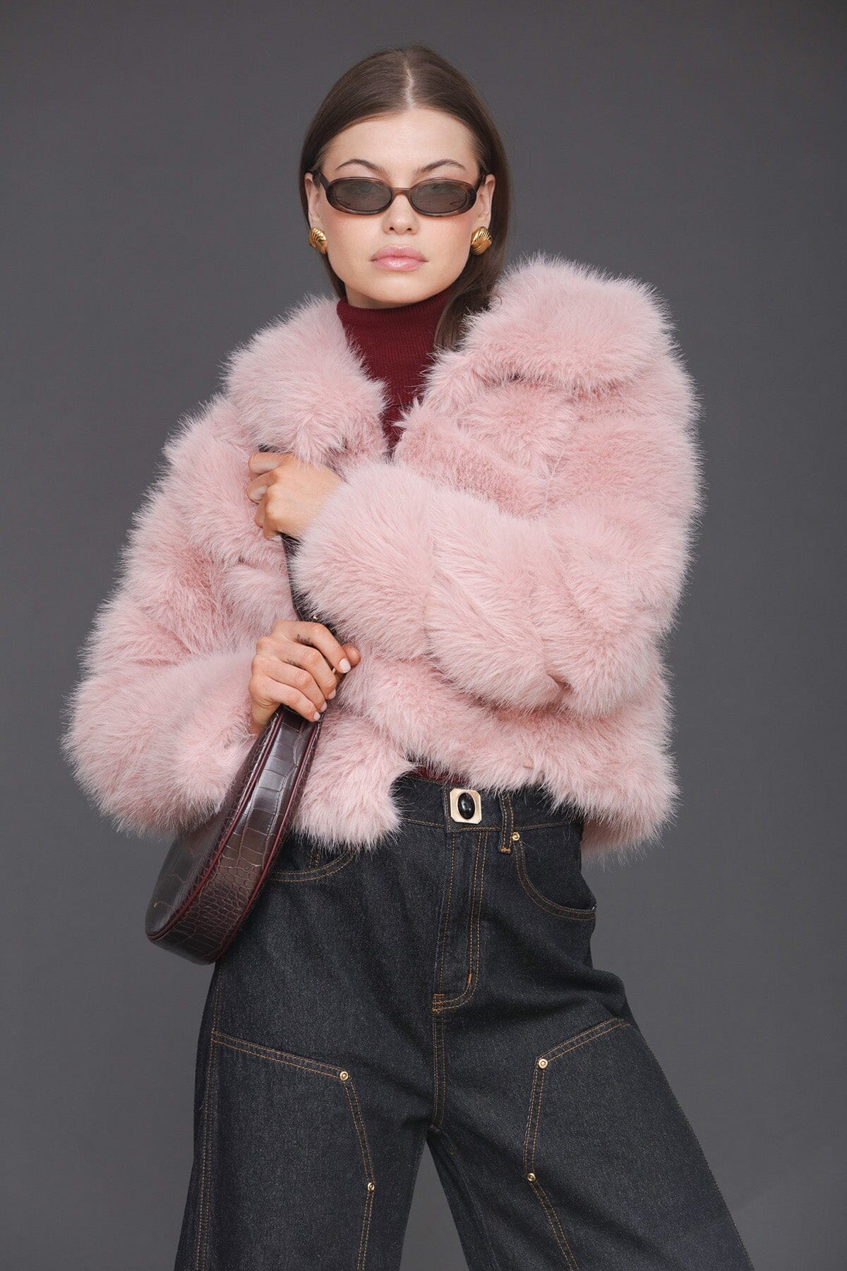 Luxe faux fur paneled blush pink cropped coat with structured point collar and side pockets - Cute women's coats by Avec Les Filles