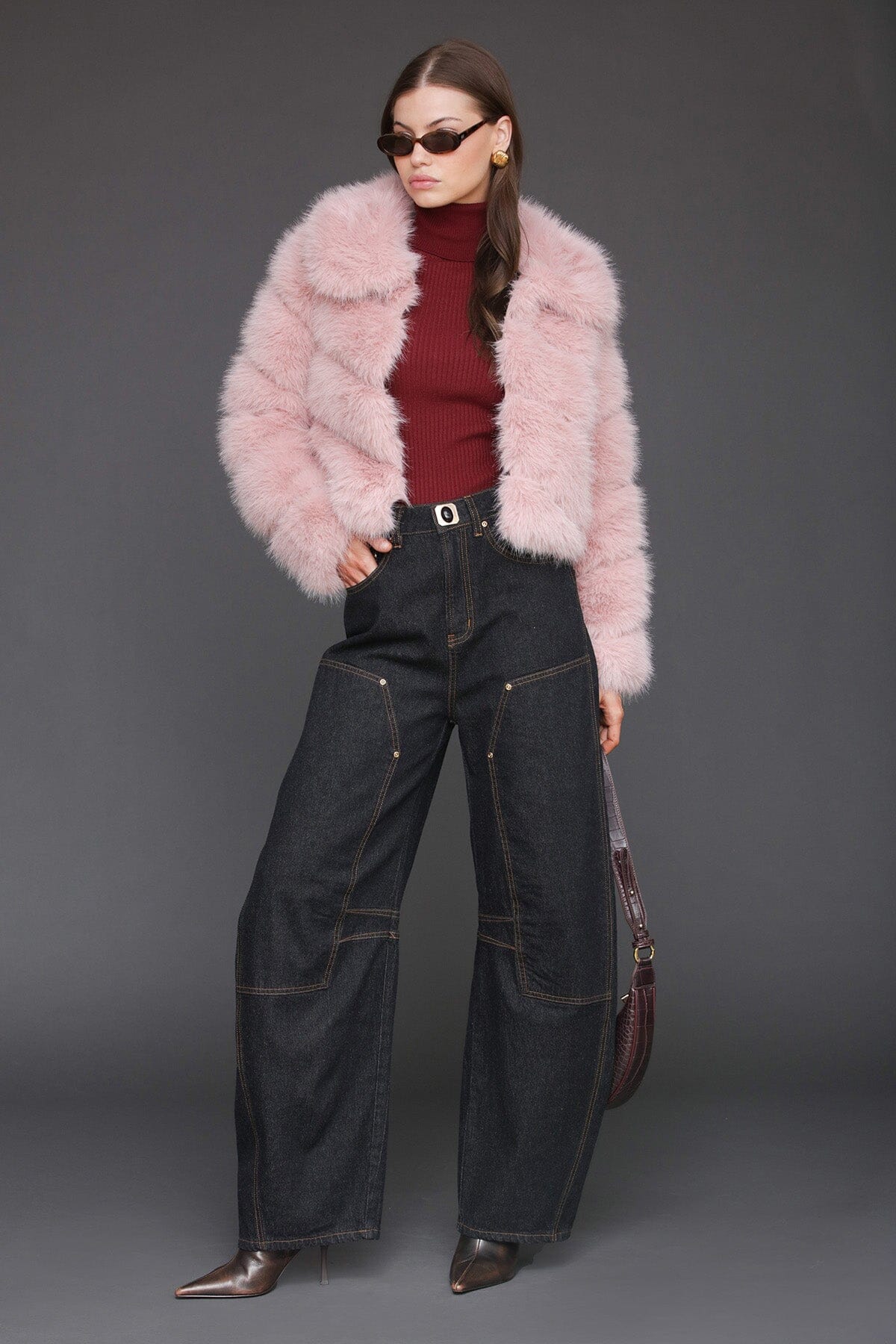 Luxe faux fur paneled blush pink cropped coat with structured point collar and side pockets - Cute women's coats by Avec Les Filles
