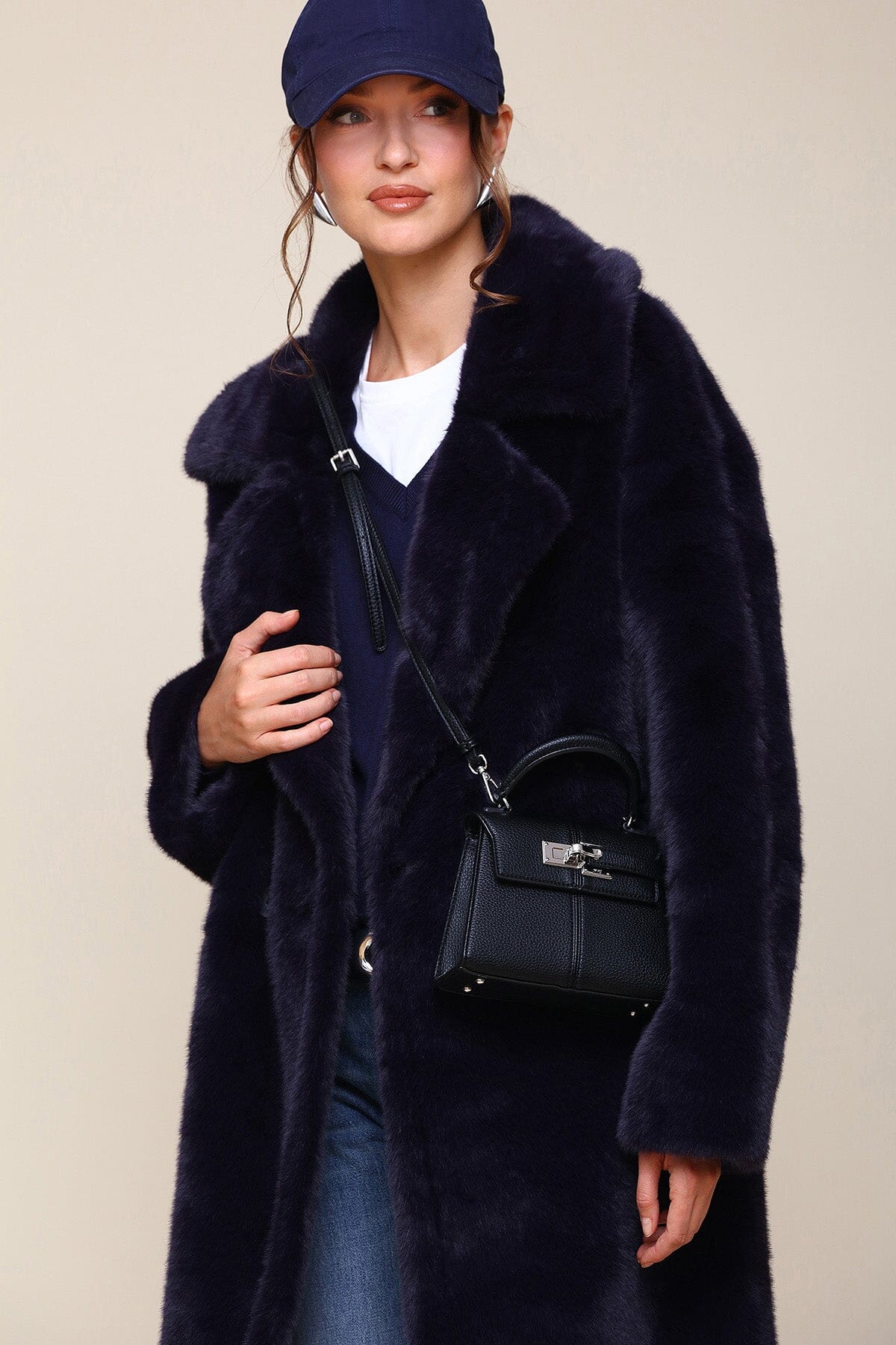 Premium Faux Fur Relaxed Long Double-Breasted Long Navy Blue Coat - Shop designer long faux fur coats and outerwear by Avec Les Filles