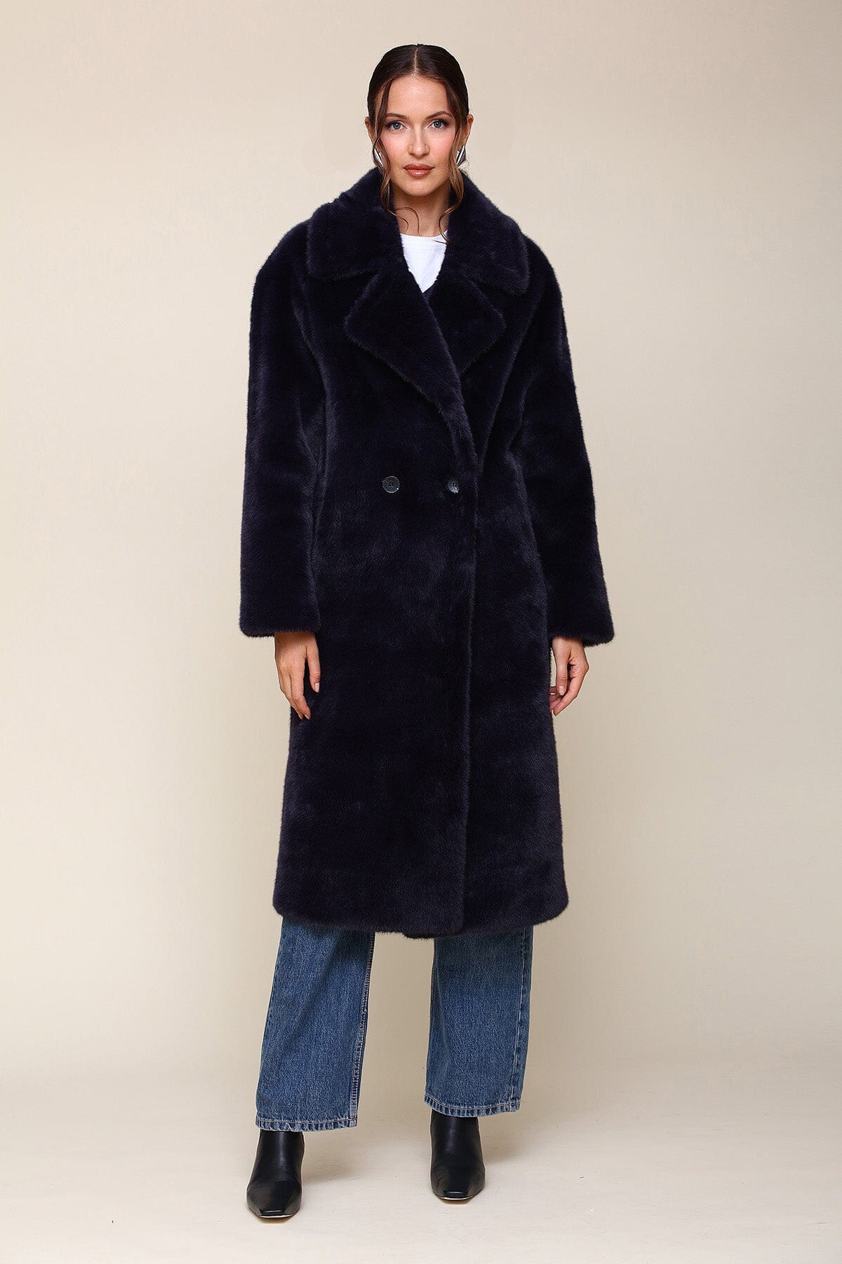 Premium Faux Fur Relaxed Long Double-Breasted Long Navy Coat - Shop designer long faux fur coats by Avec Les Filles
