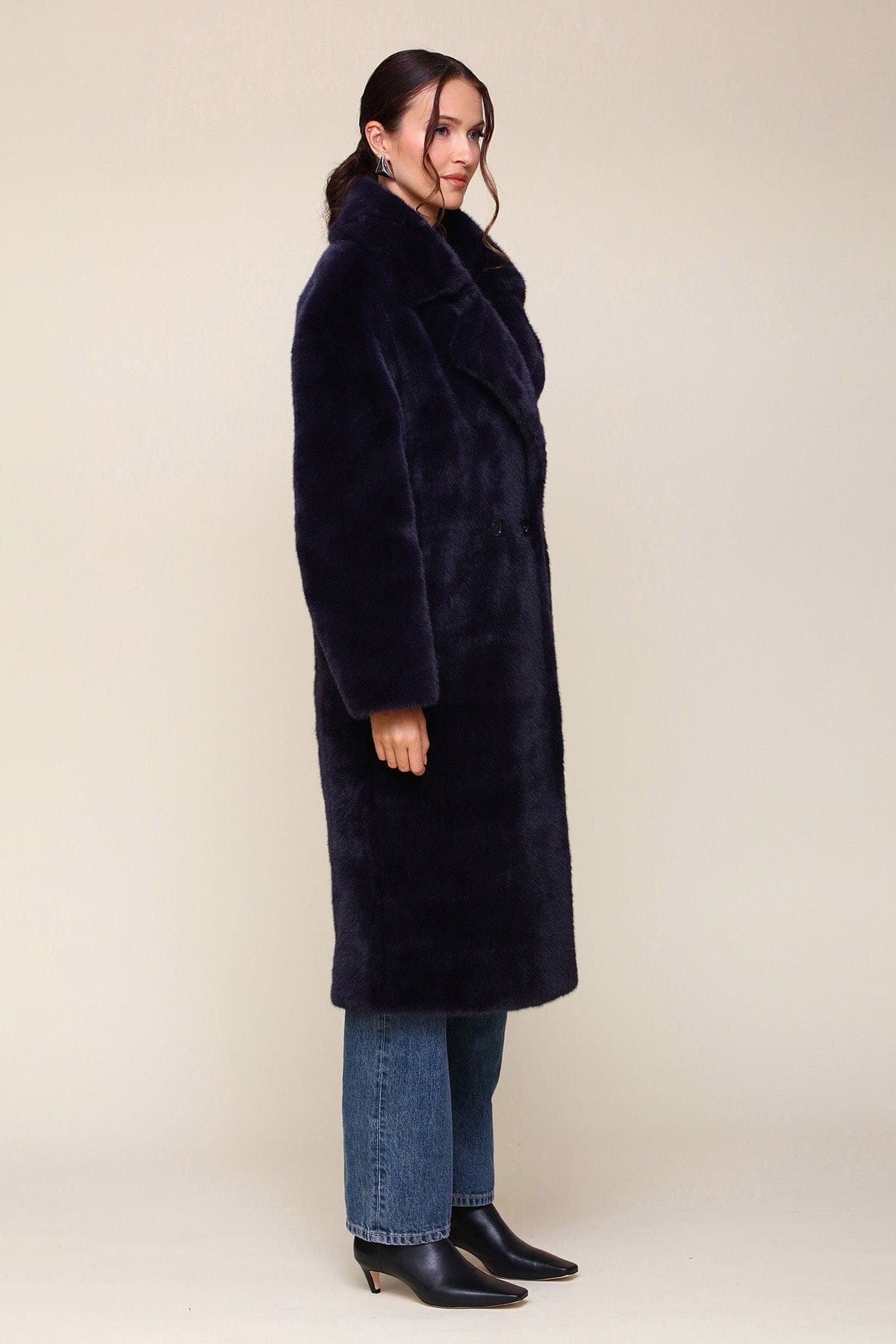 Premium Faux Fur Relaxed Double-Breasted Long Navy Blue Coat - Shop designer long faux fur coats by Avec Les Filles