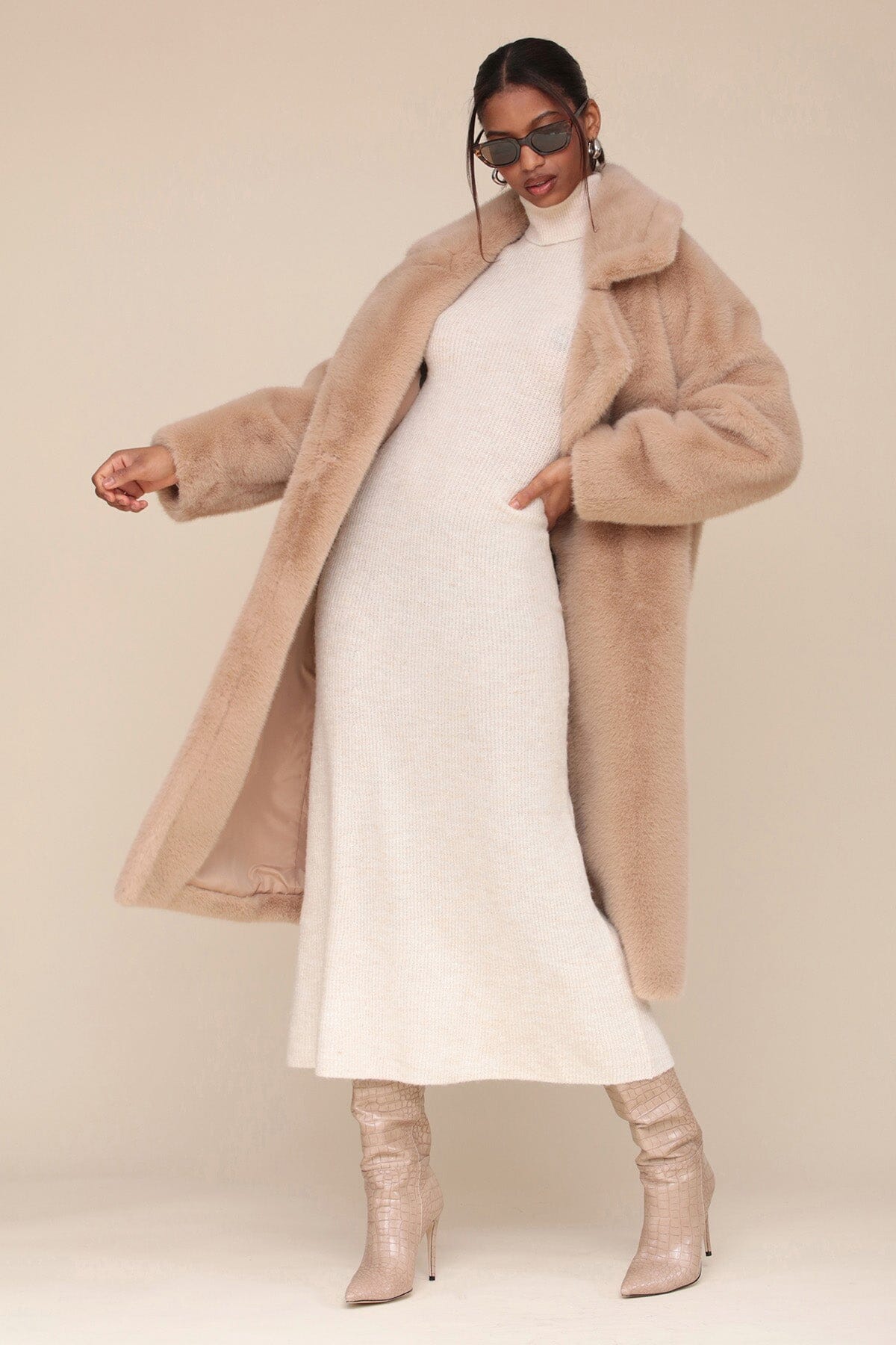 Premium Taupe Beige Faux Fur Relaxed Long Coat - Outerwear, Coats & Jackets Avec Les Filles 