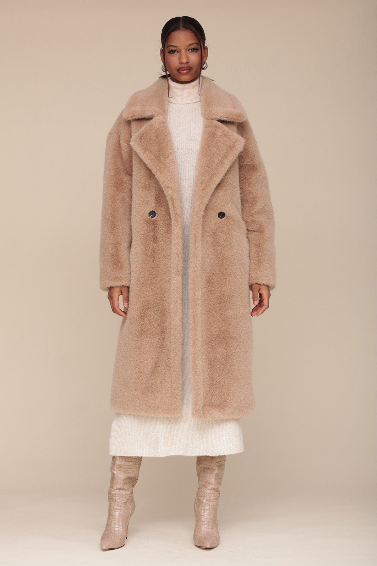 Premium Taupe Beige Faux Fur Relaxed Long Coat - Outerwear, Coats & Jackets Avec Les Filles