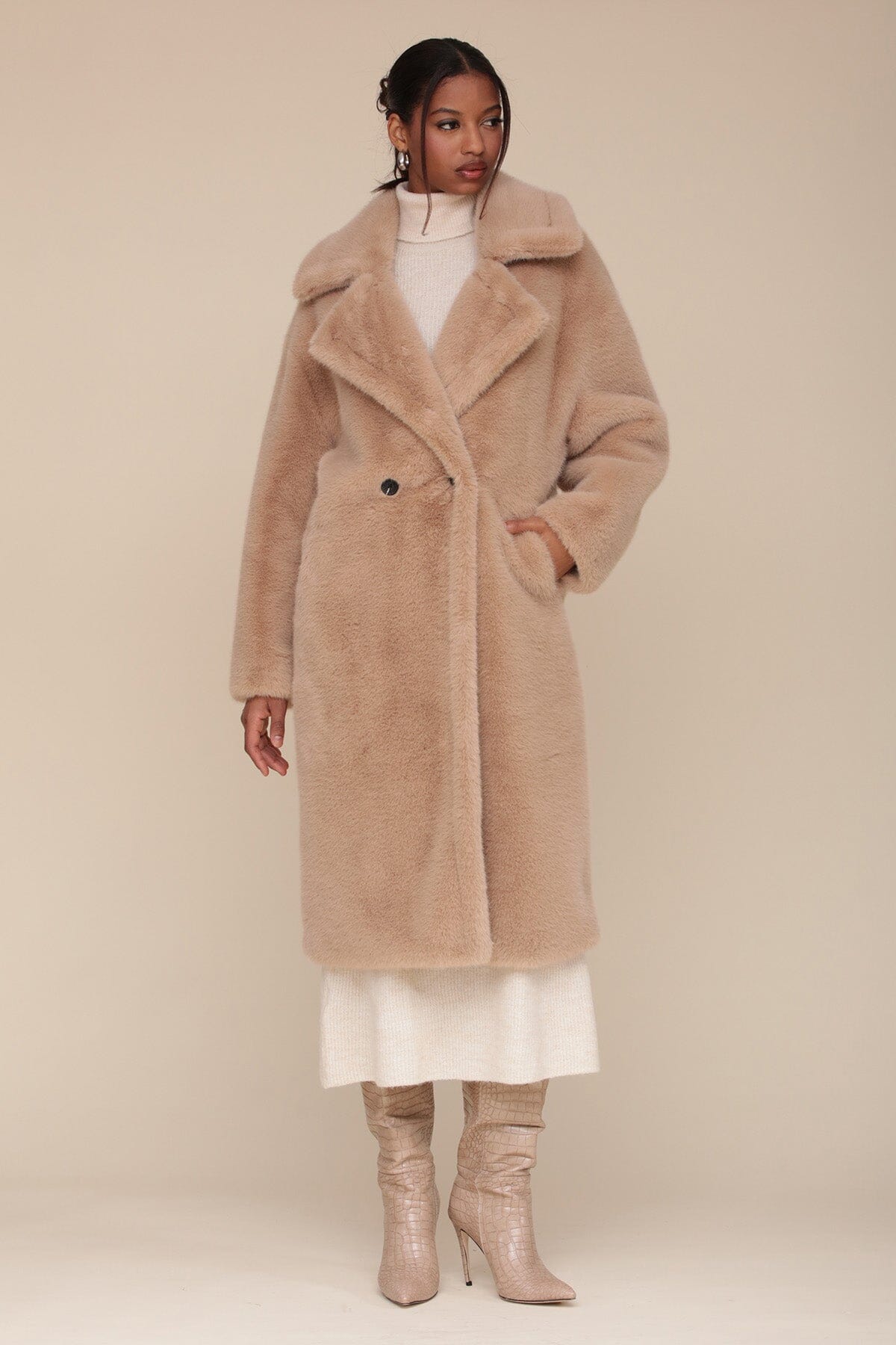 Premium Taupe Beige Faux Fur Relaxed Long Coat - Outerwear, Coats & Jackets Avec Les Filles