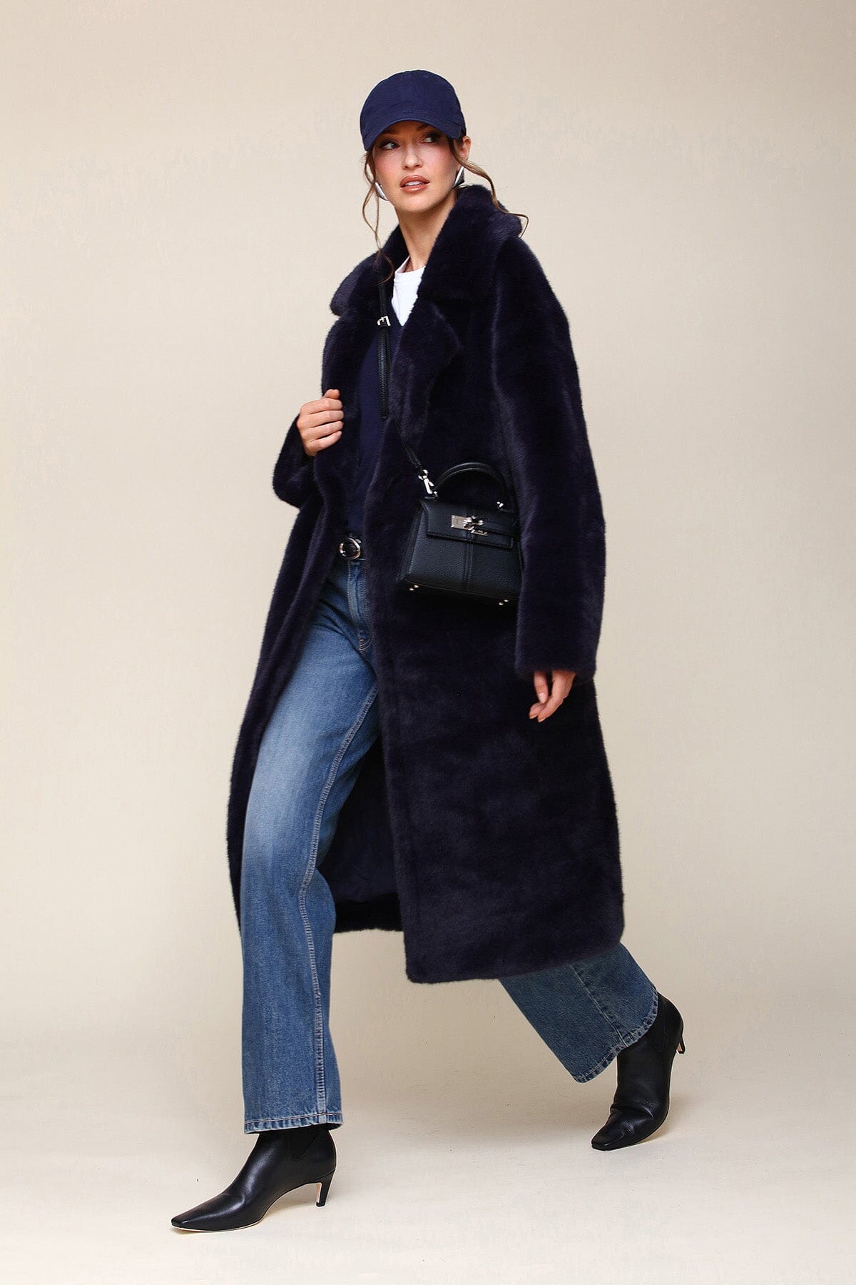 Premium Faux Fur Relaxed Midi Double-Breasted Long Navy Blue Coat - Shop designer long faux fur coats by Avec Les Filles