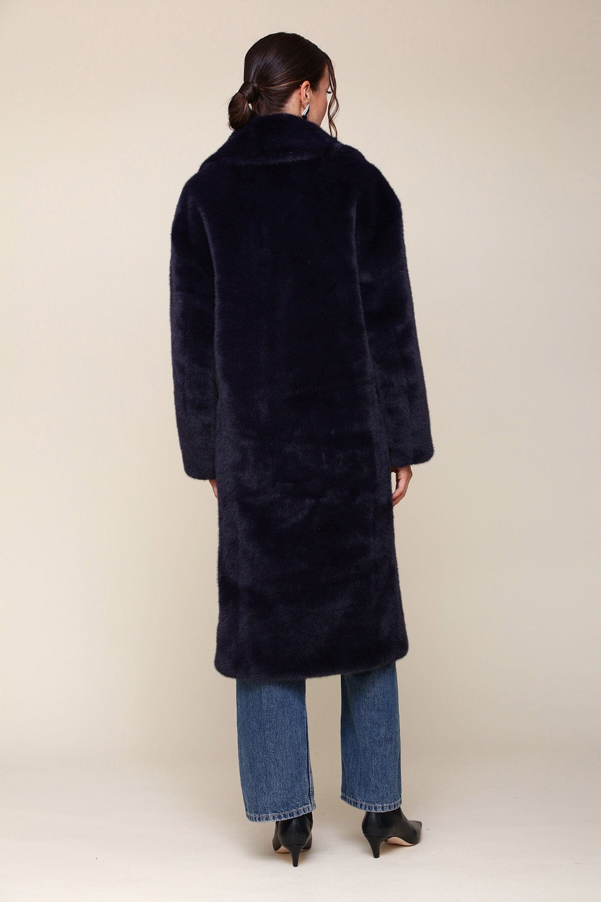 Premium Faux Fur Relaxed Double-Breasted Long Navy Coat - Shop designer long faux fur coats by Avec Les Filles