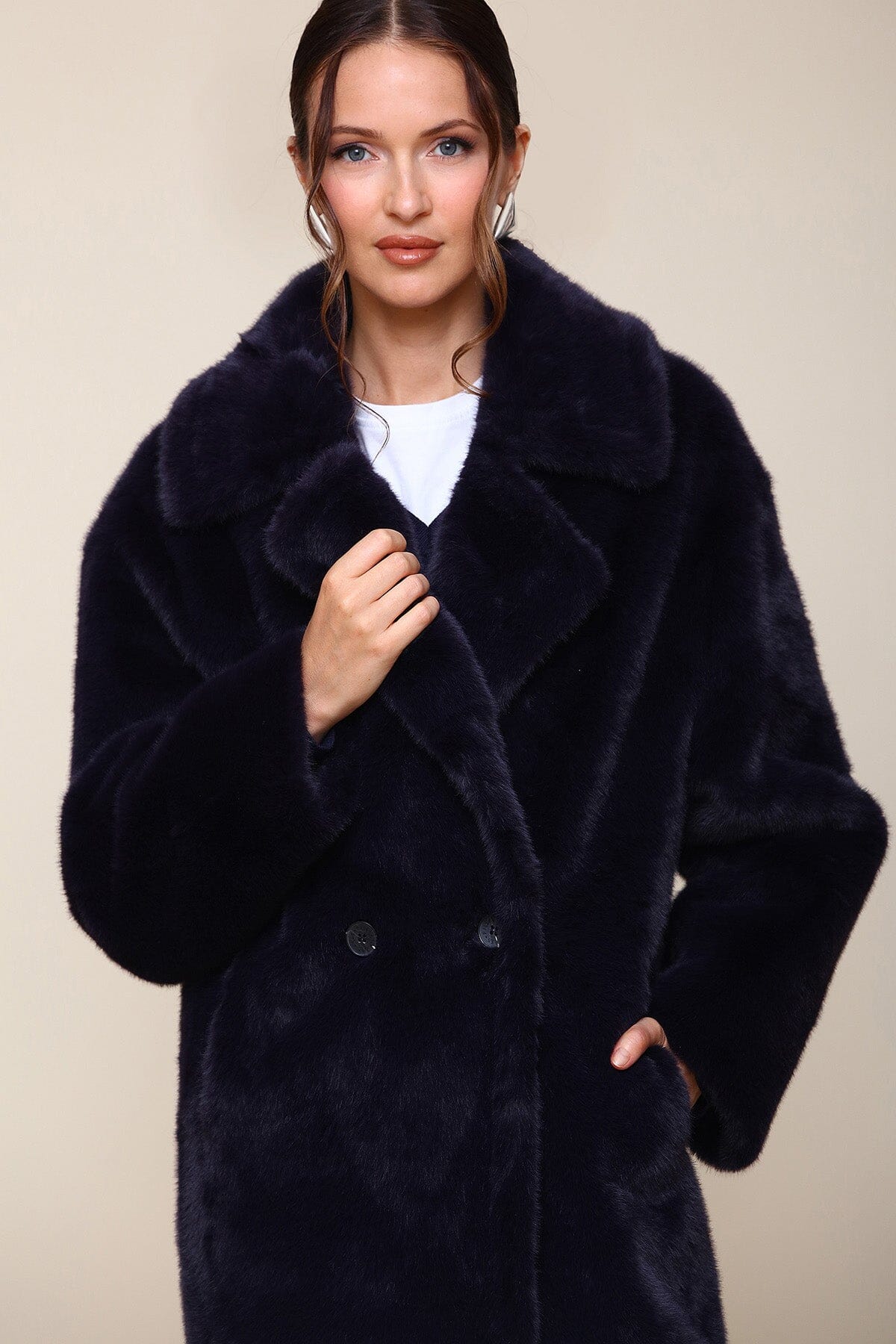Premium Faux Fur Relaxed Double-Breasted Long Navy Blue Coat - Shop designer long faux fur coats by Avec Les Filles