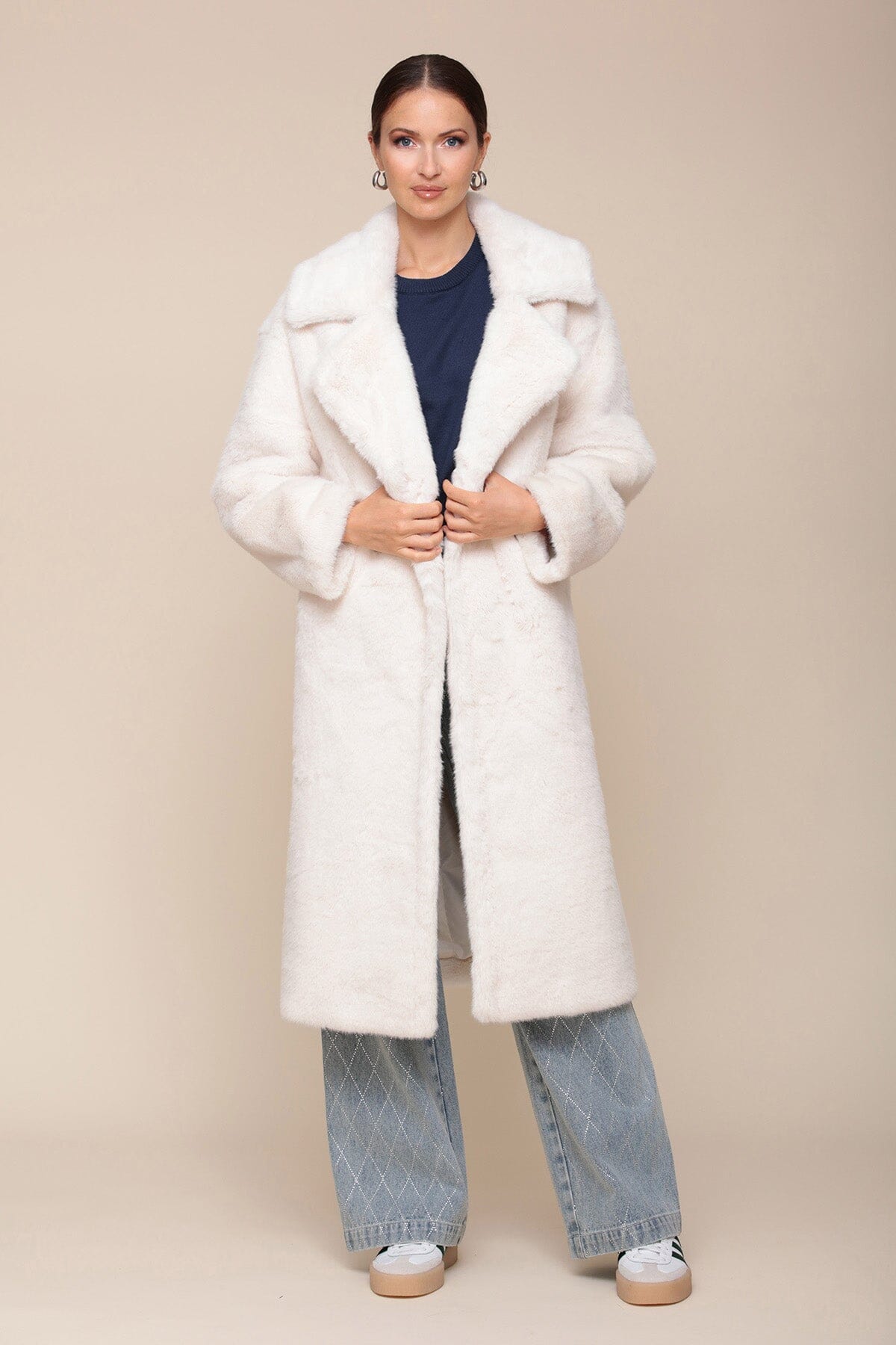 Premium Faux Fur Relaxed Long Double-Breasted Long White Coat - Shop designer long faux fur coats by Avec Les Filles