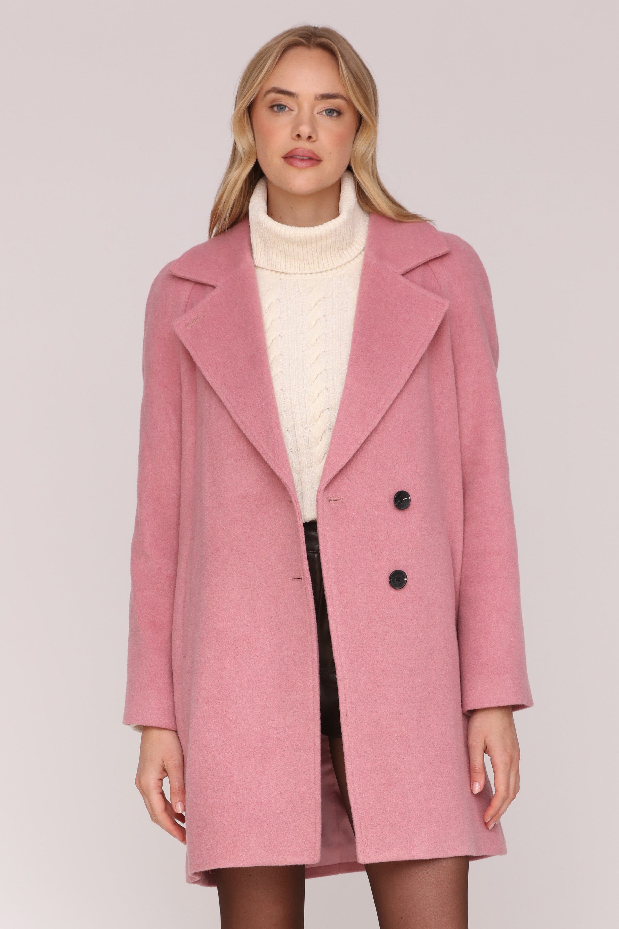 Relaxed mid-length pink wool-blend walker button-front coat with notched lapel collar and side welt pockets - Shop cute women’s coats by Avec Les Filles