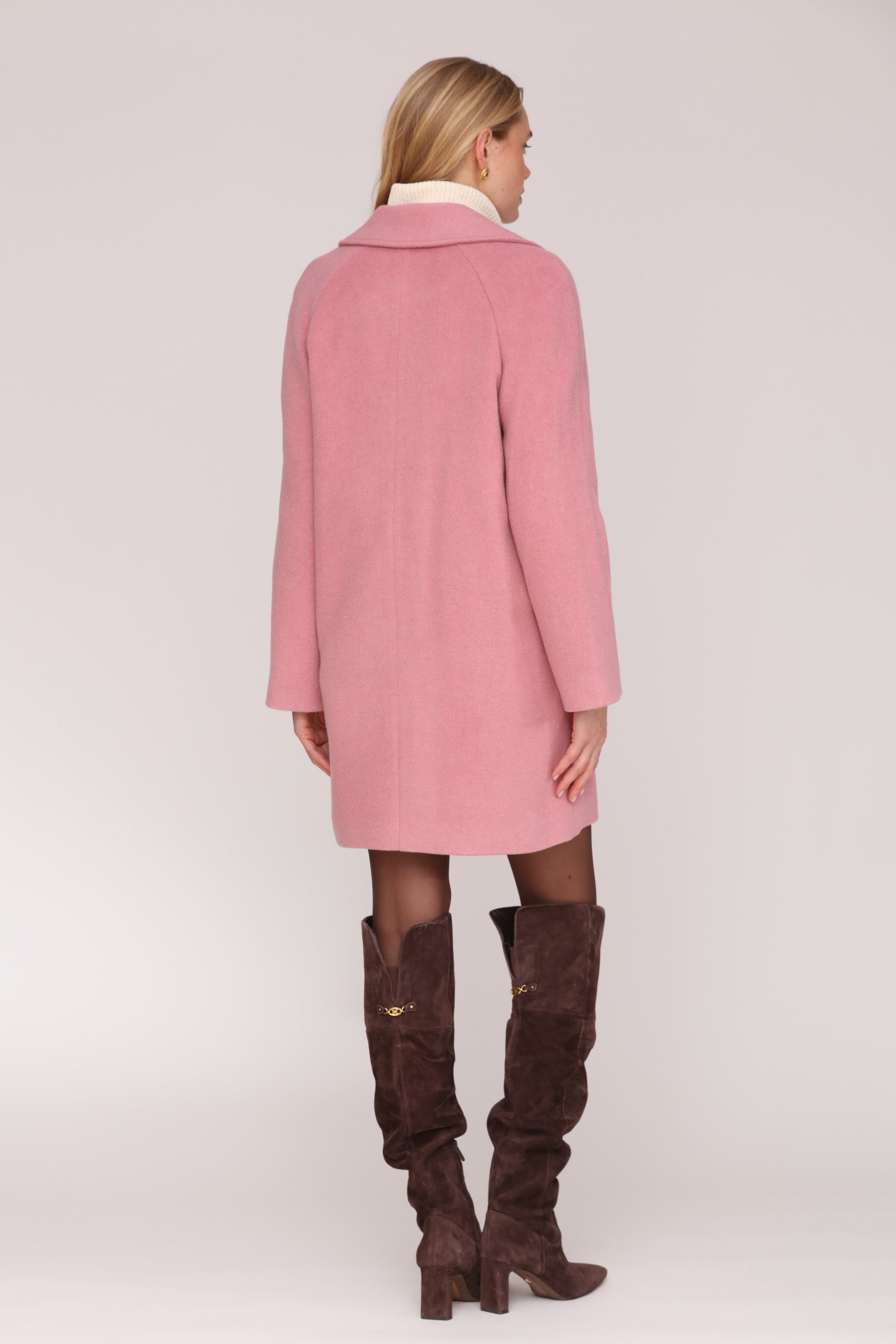 Relaxed mid-length pink wool-blend walker button-front coat with notched lapel collar and side welt pockets - Shop cute women’s coats by Avec Les Filles