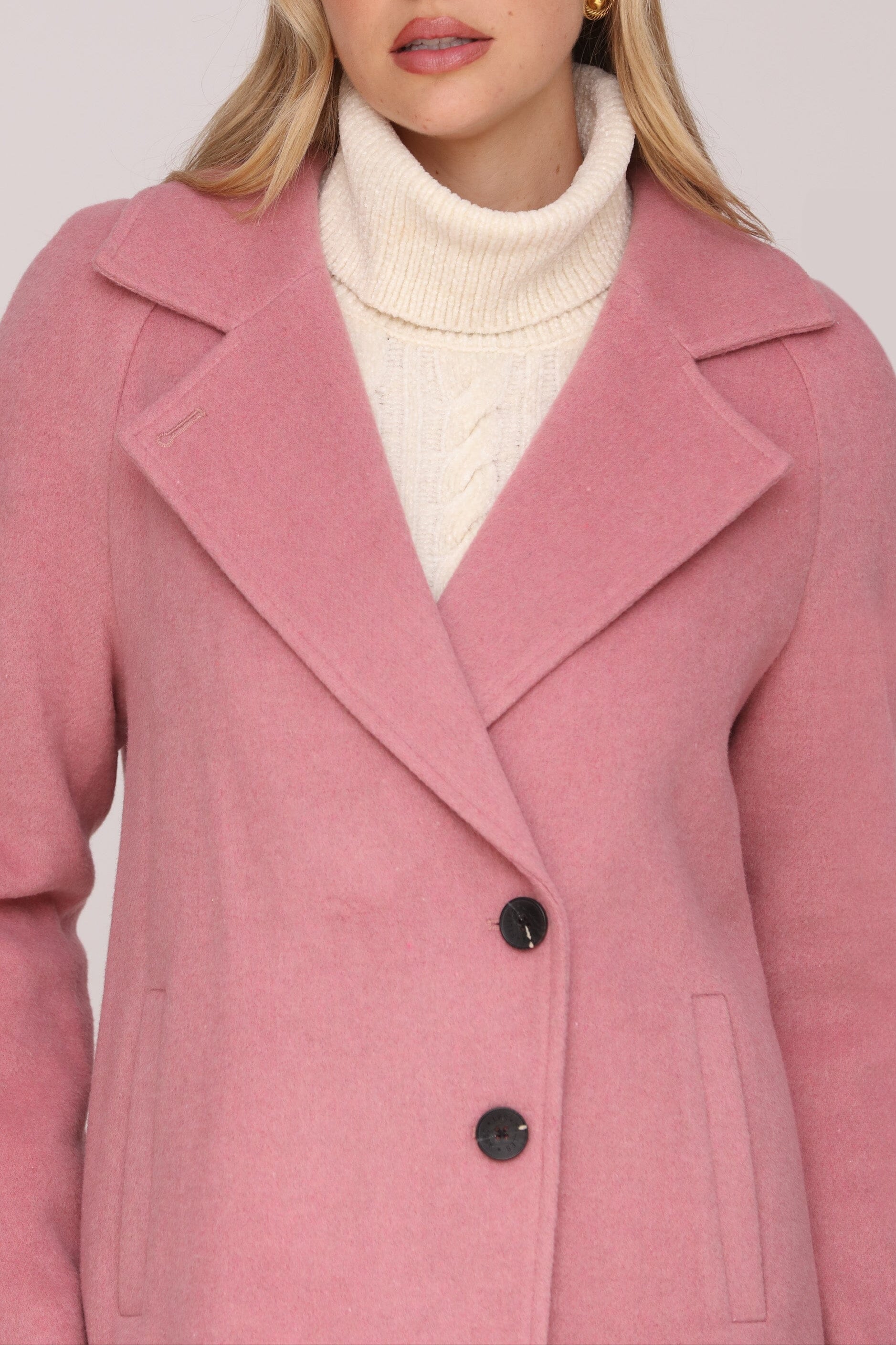 Relaxed mid-length pink wool-blend walker button-front coat with notched lapel collar and side welt pockets - Shop cute women’s coats by Avec Les Filles