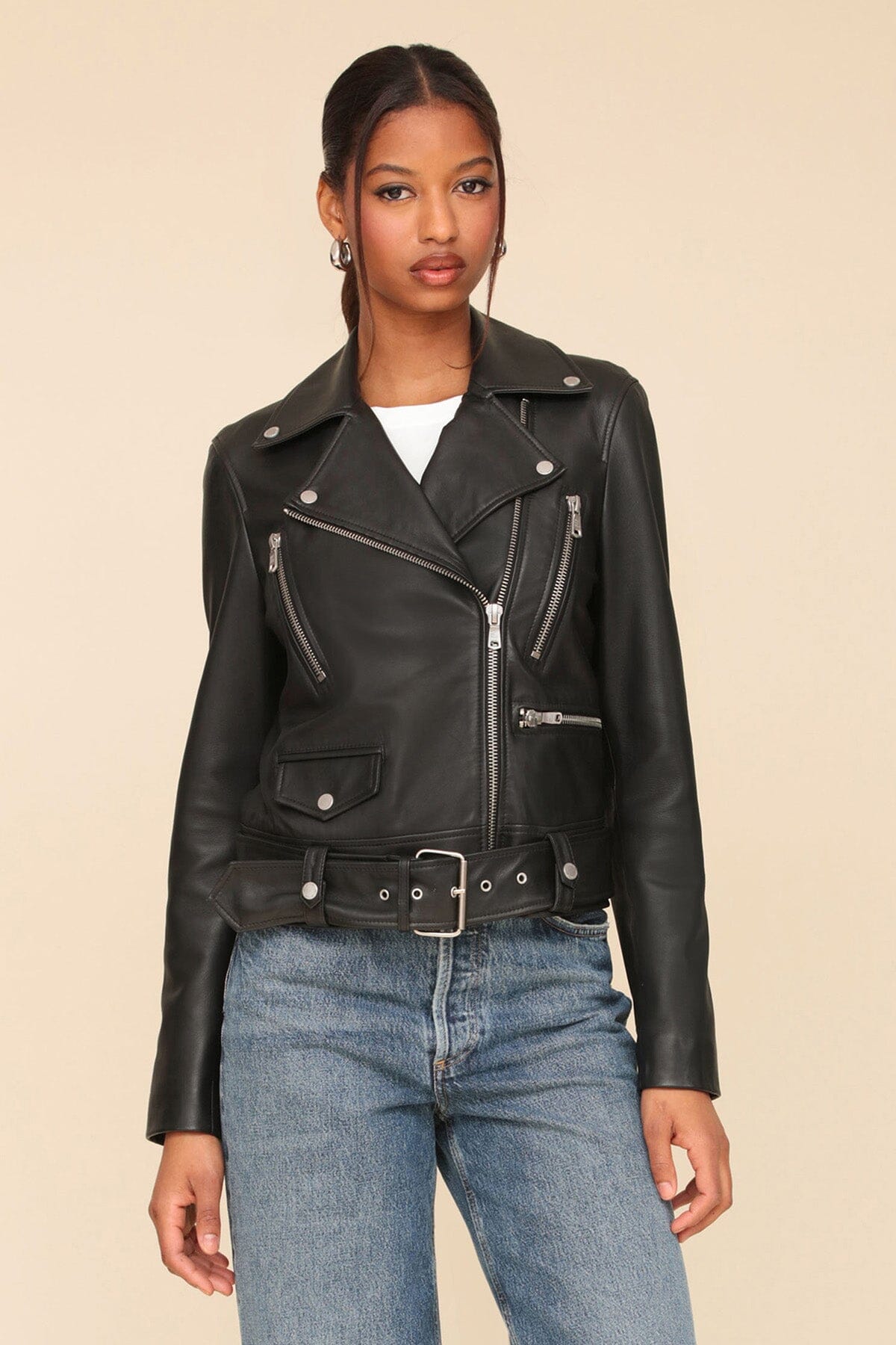 Women s Genuine Leather Belted Black Biker Jacket