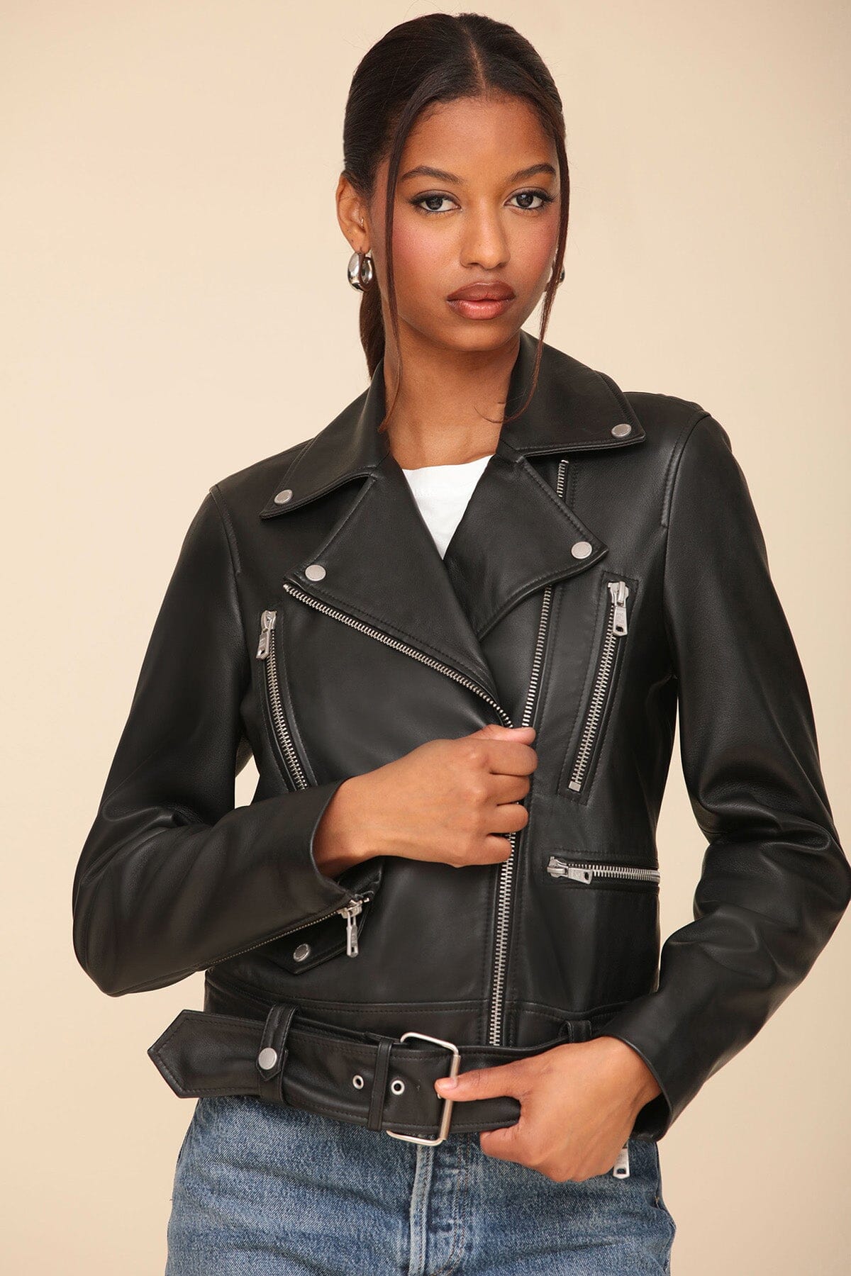 Genuine Leather Belted Biker black jacket - figure flattering day to night jackets coats for women by Avec Les Filles