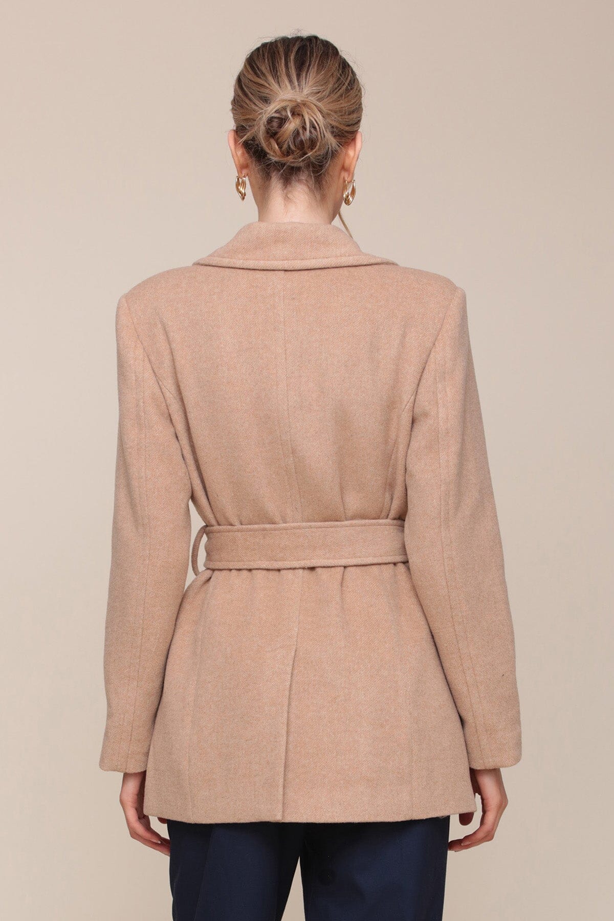 Wool blend belted light camel blazer
