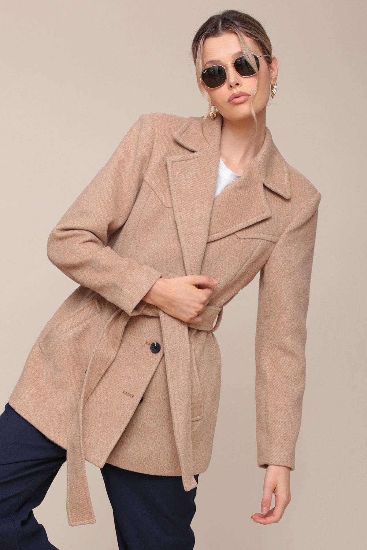 avec Les Filles Belted Double Breasted Mid Length Coat Light Camel