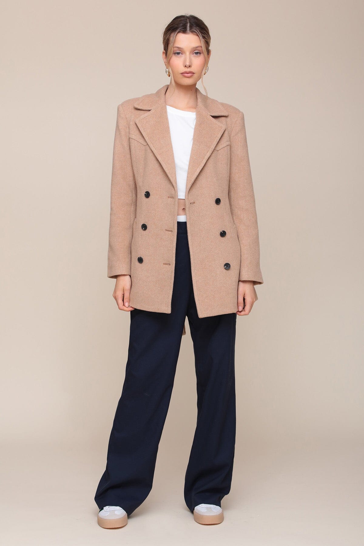 avec Les Filles Belted Double Breasted Mid Length Coat Light Camel
