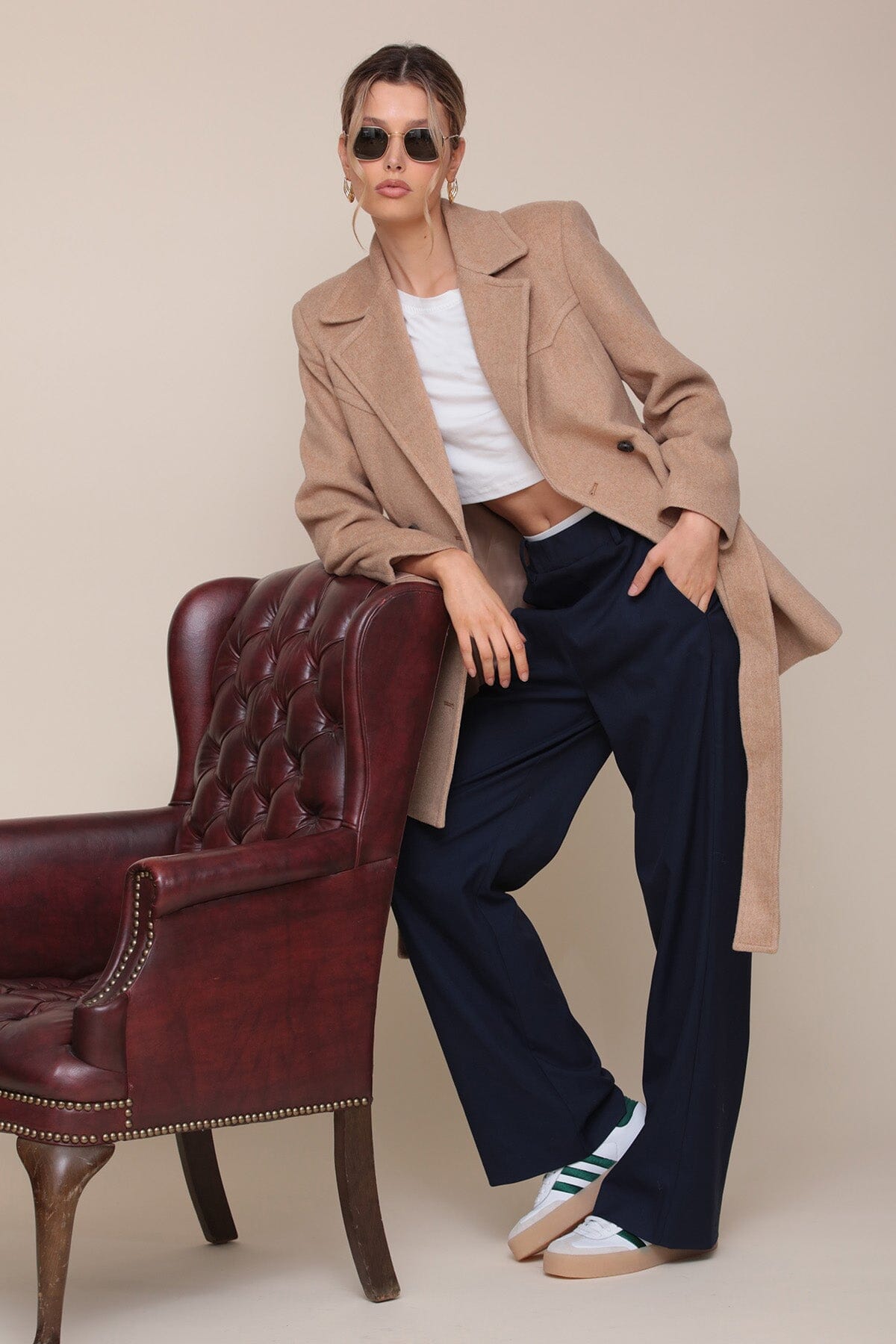 Wool blend belted light camel blazer