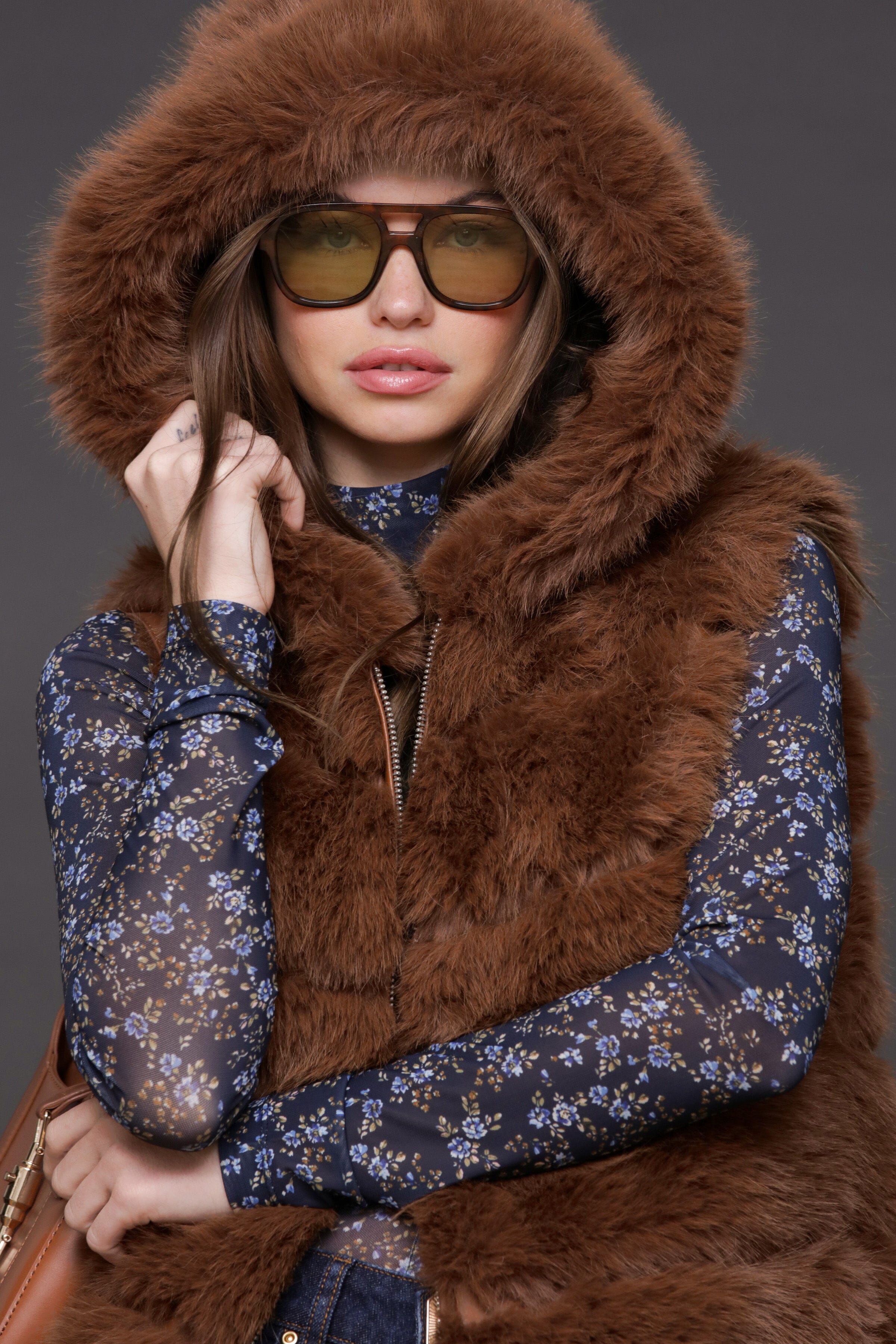 Camel brown luxe faux fur paneled vest with hood and sleeveless - Cute women's vests by Avec Les Filles