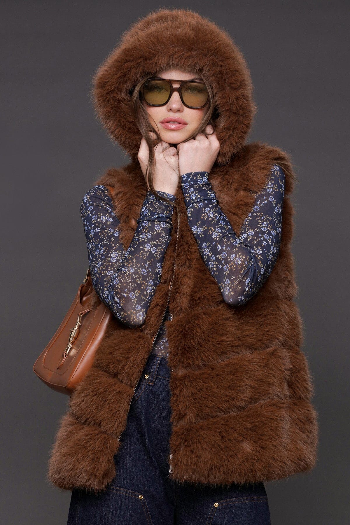 Camel brown luxe faux fur paneled vest with hood and sleeveless - Cute women's vests by Avec Les Filles