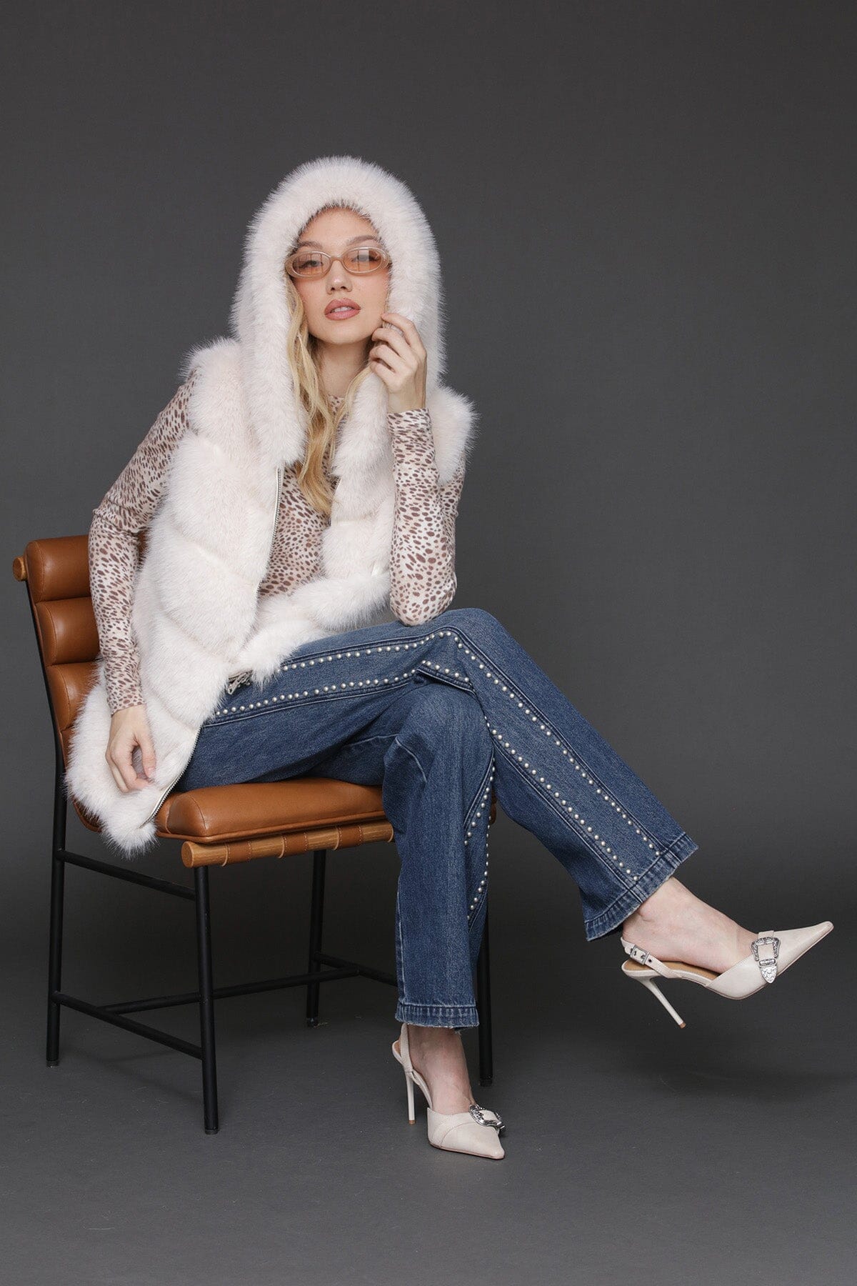 Plush luxe faux fur paneled cream Off white zip-front vest with hood and sleeveless - Cute women's vests by Avec Les Filles