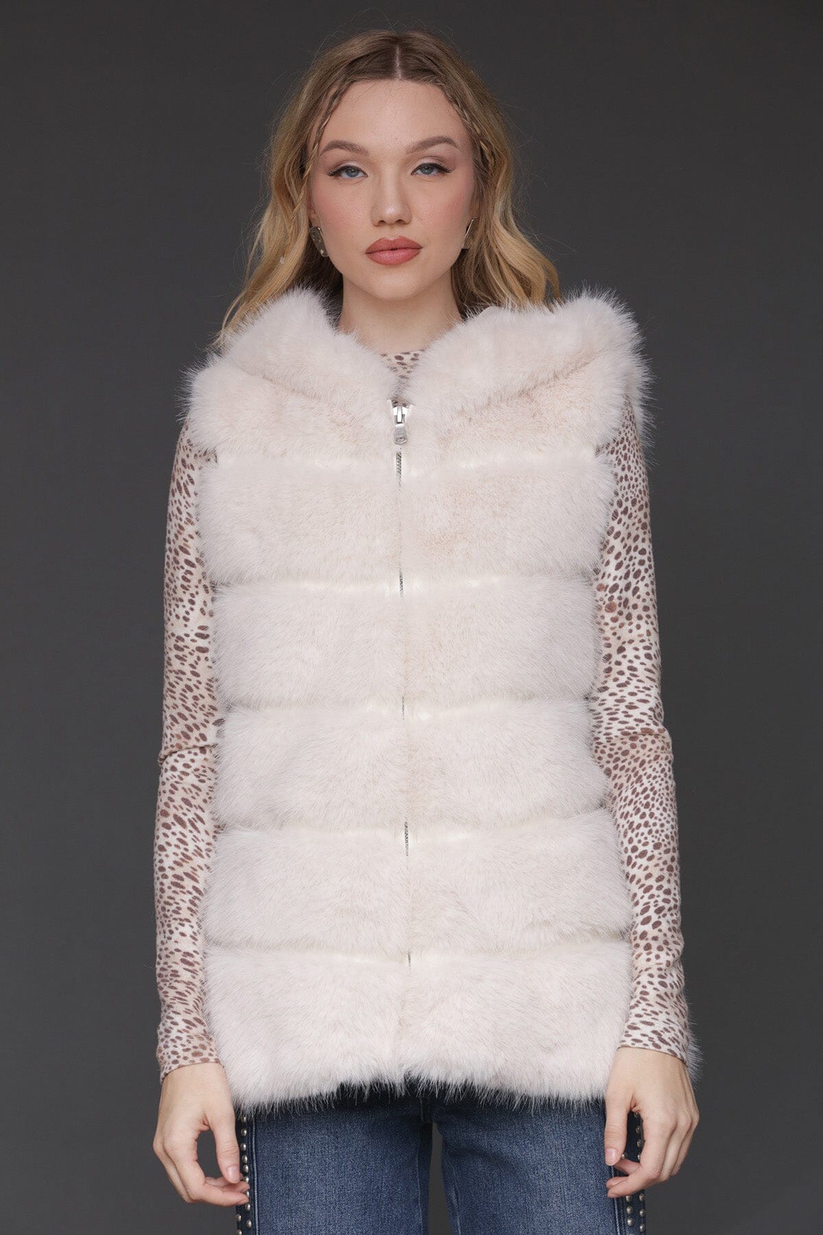 Plush luxe faux fur paneled cream Off white zip-front vest with hood and sleeveless - Cute women's vests by Avec Les Filles