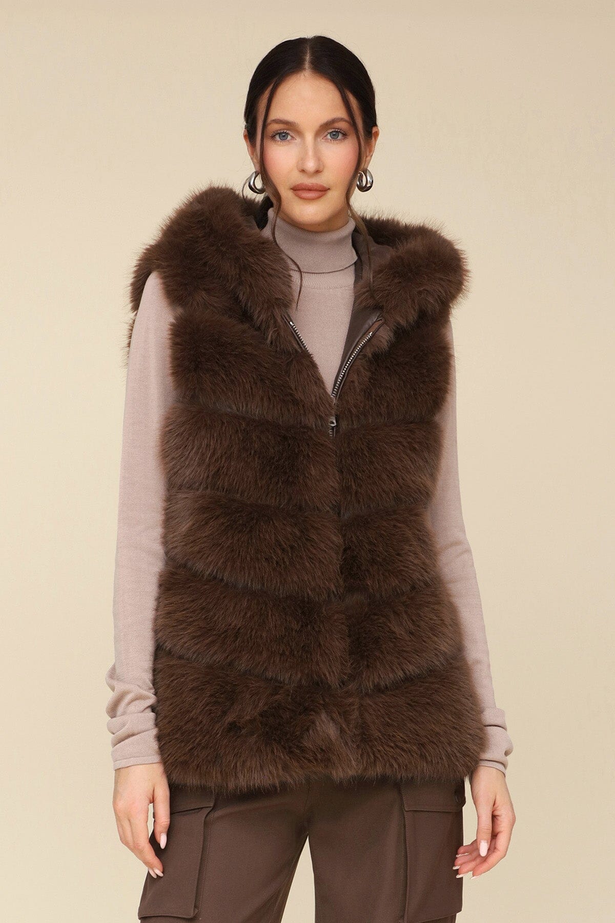 Women s Premium Faux Fur Hooded Sleeveless Brown Vest