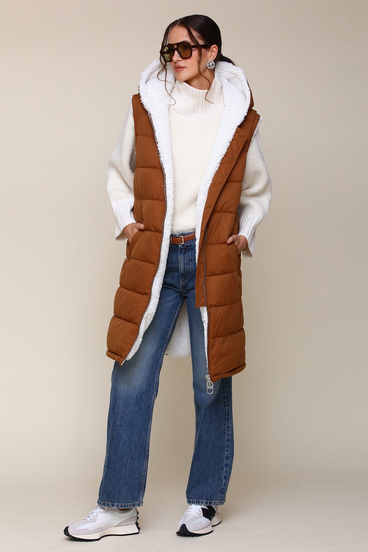 Faux Fur Lined Midi Long Puffer Vest With Hood