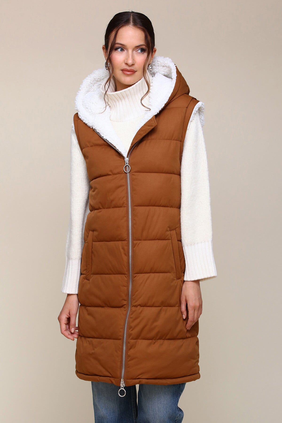 Faux Fur Lined Midi Long Puffer Vest With Hood