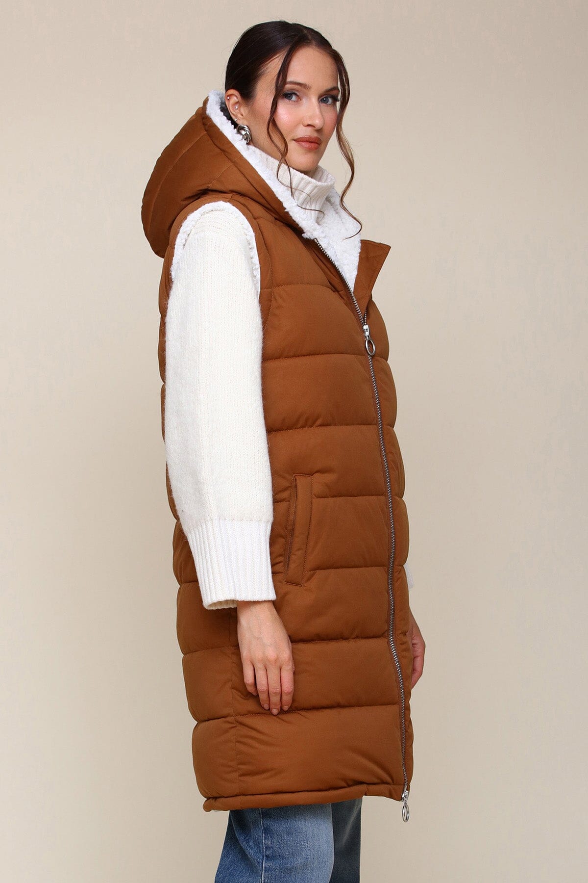 Faux Fur Lined Midi Long Puffer Vest With Hood