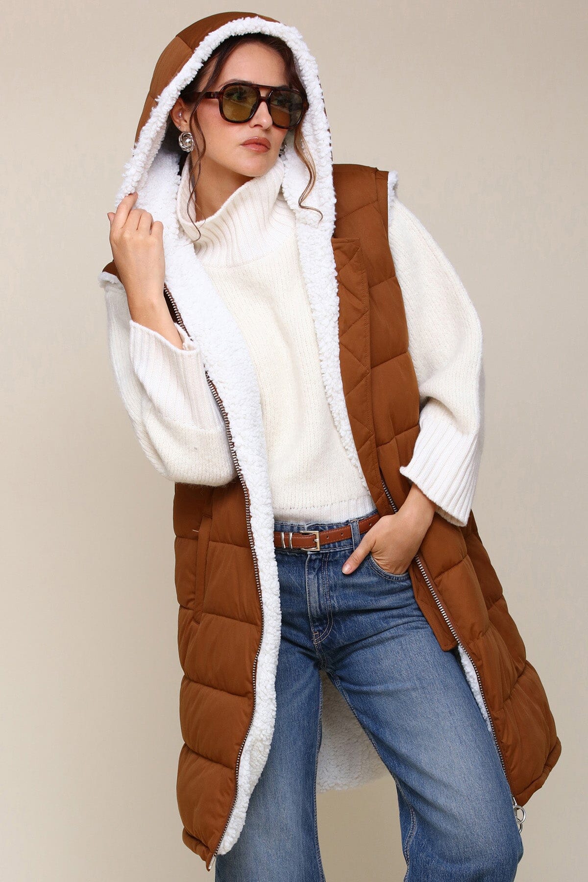 Faux Fur Lined Midi Long Puffer Vest With Hood