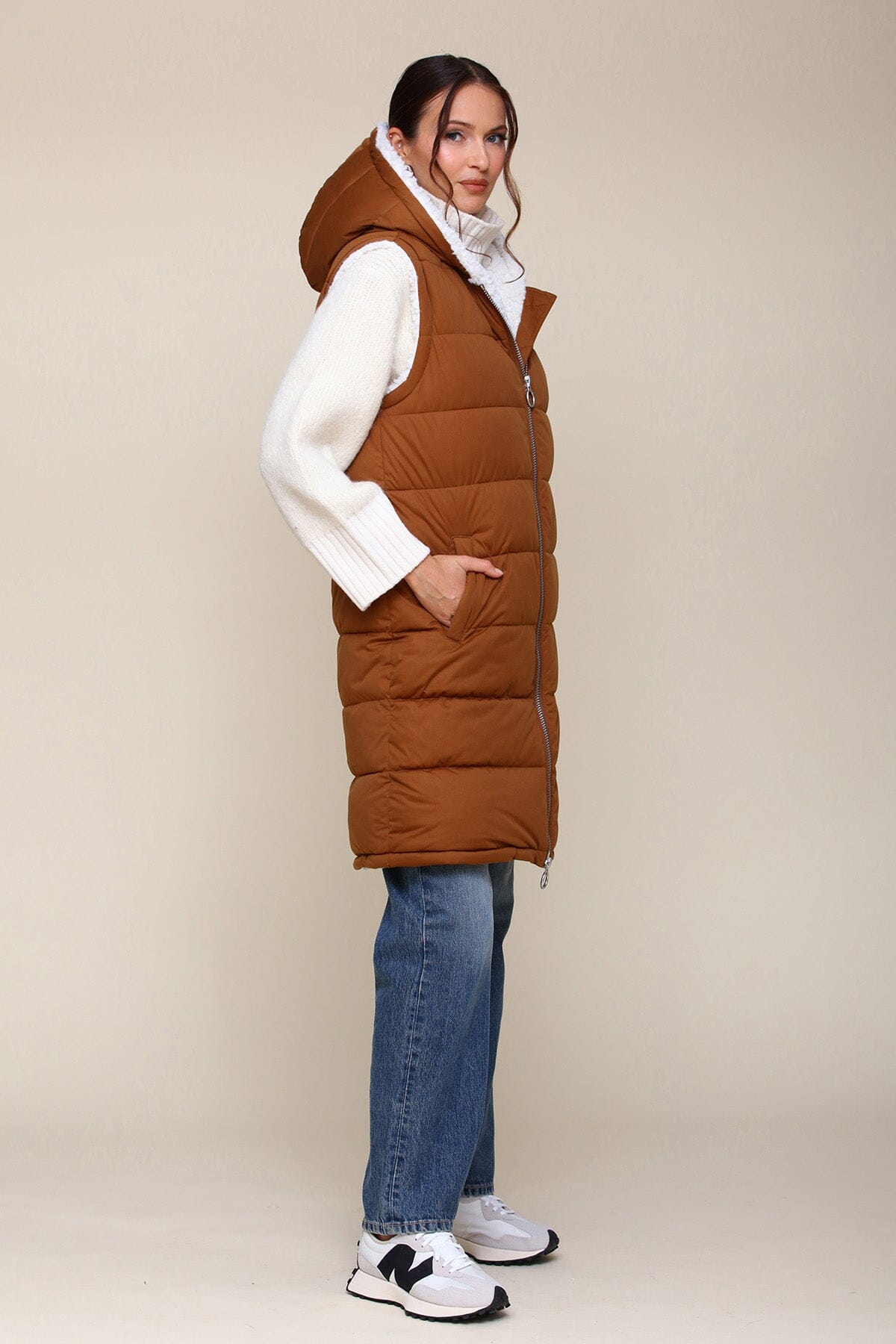 Faux Fur Lined Midi Long Puffer Vest With Hood