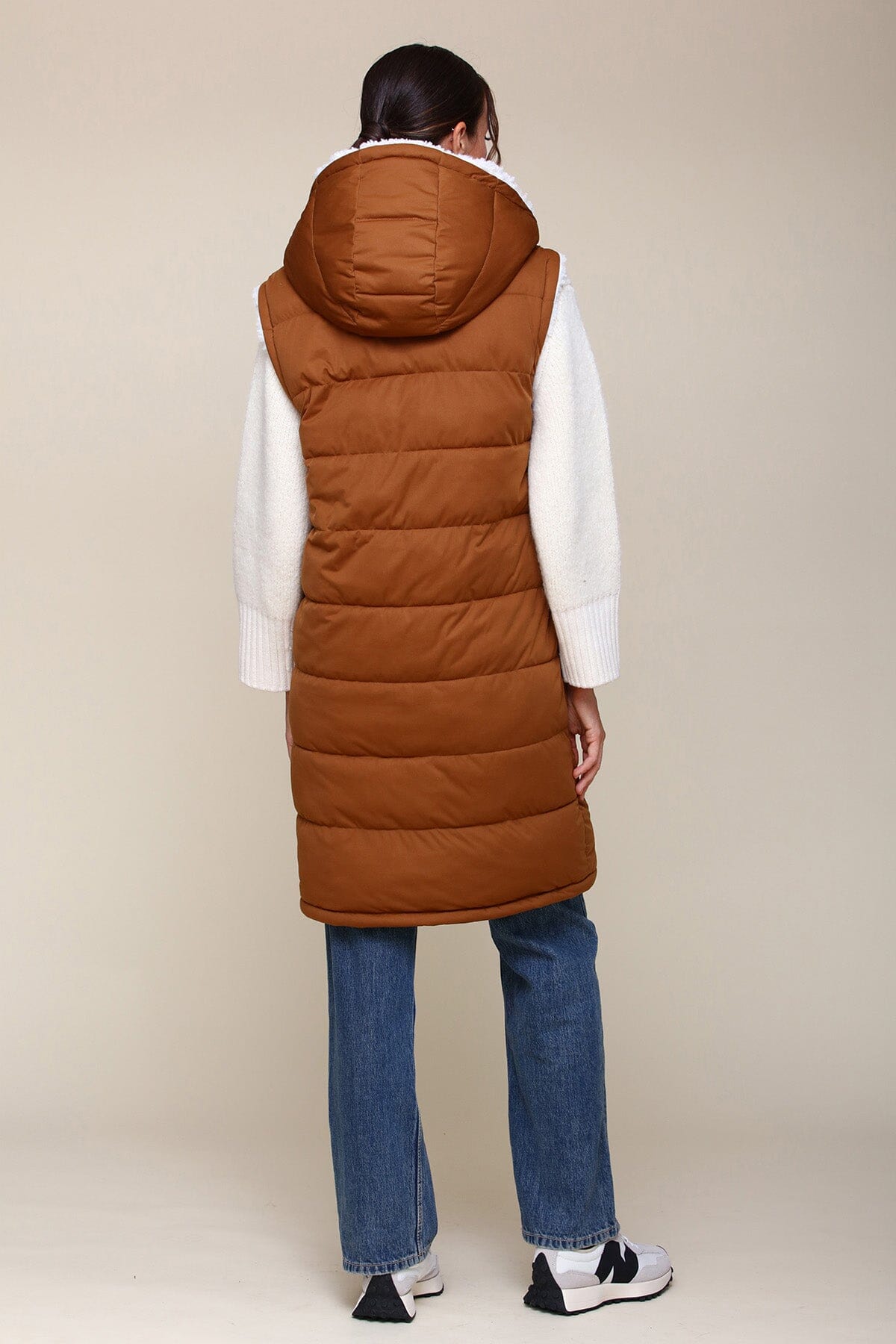 Faux Fur Lined Midi Long Puffer Vest With Hood