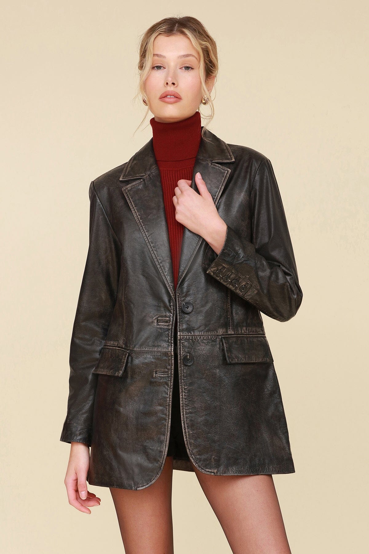 Vintage black wash genuine leather blazer jacket with single-breasted buttons and flap pockets - Shop designer women's leather blazers by Avec Les Filles