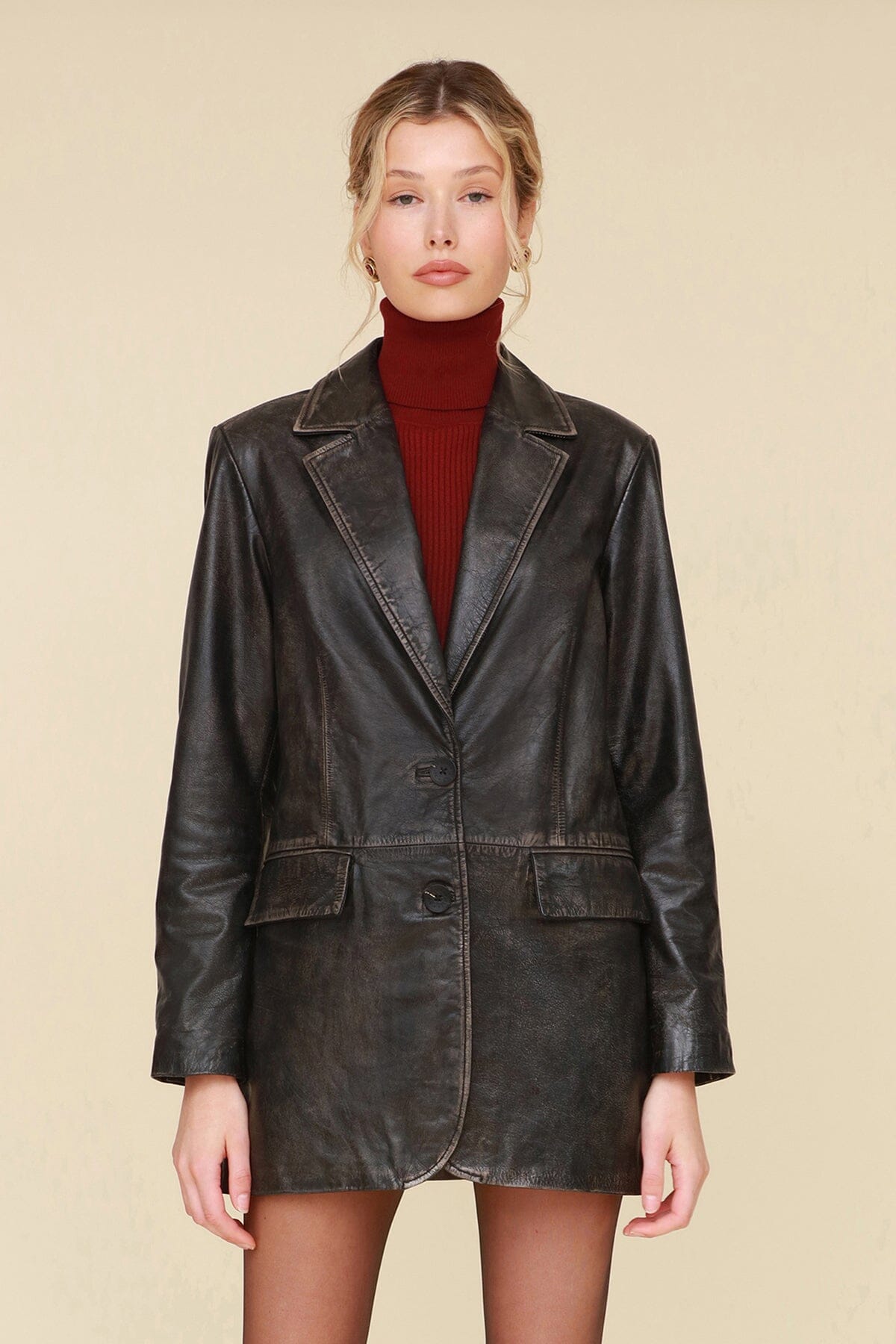 Vintage black wash genuine leather blazer jacket with single-breasted buttons and flap pockets - Shop designer women's leather blazers by Avec Les Filles