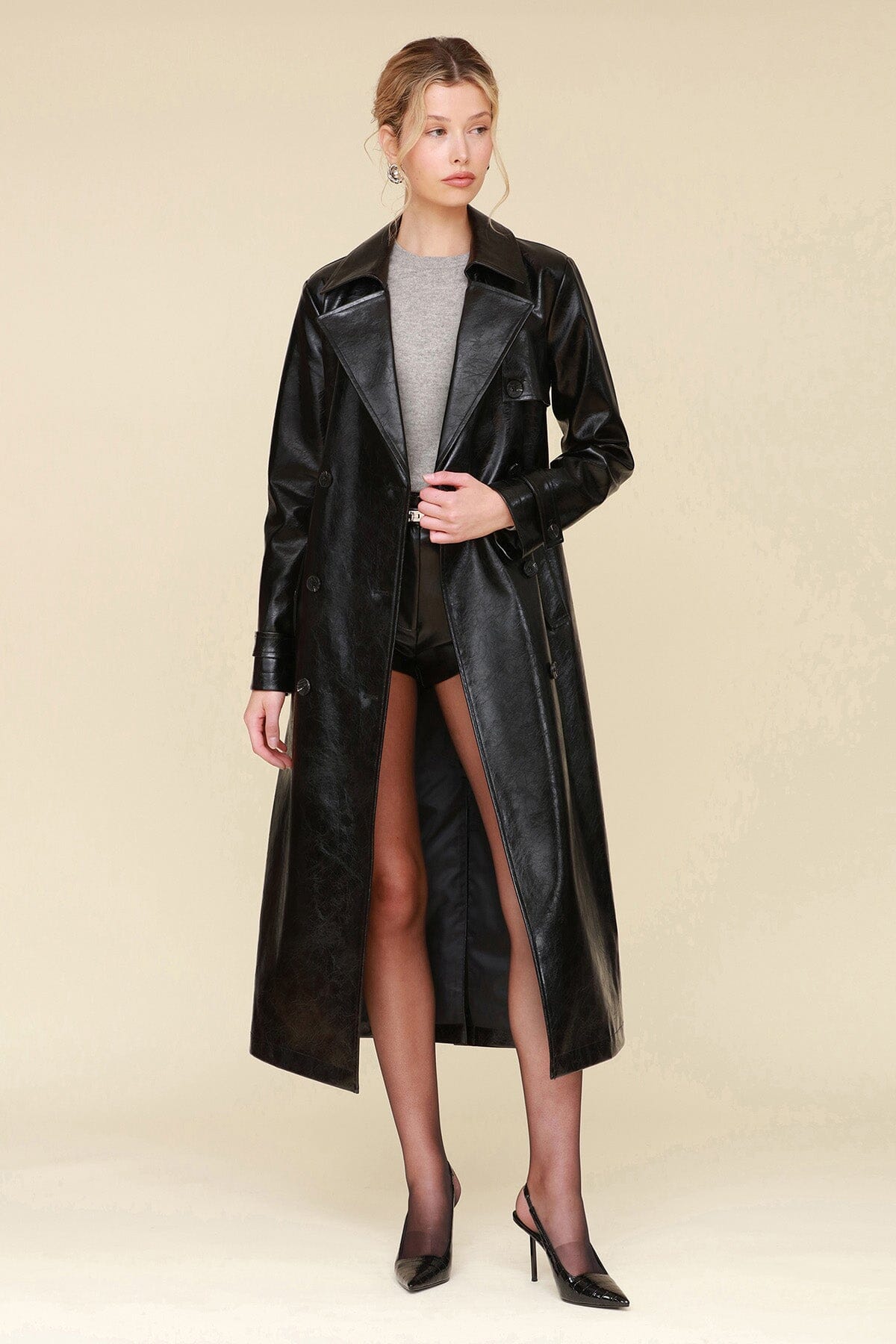Glazed Faux Leather Black Long Belted Trench Coat - Designer long faux leather women trench coat by Avec Les Filles