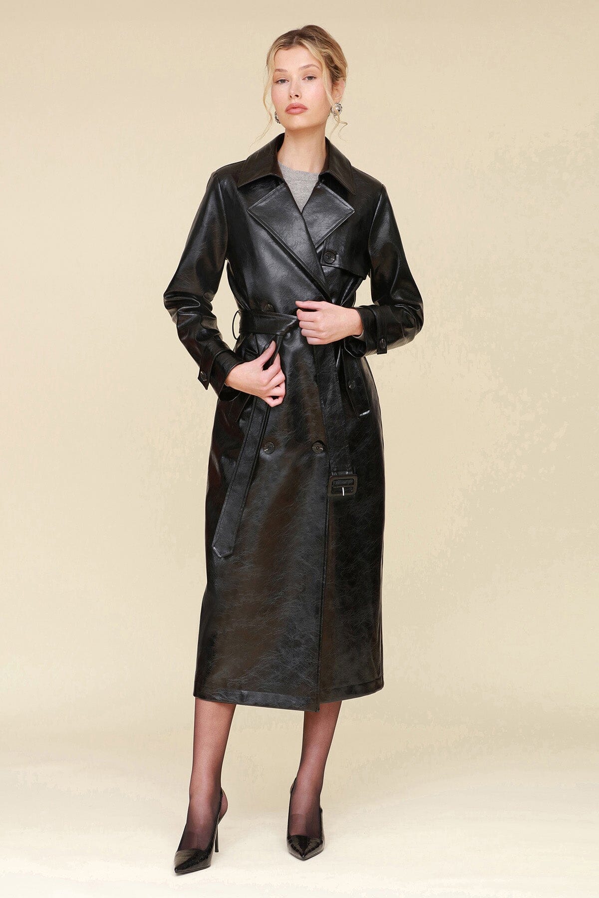 Glazed Faux Leather Black Long Belted Trench Coat - Designer long faux leather women's trench coat by Avec Les Filles