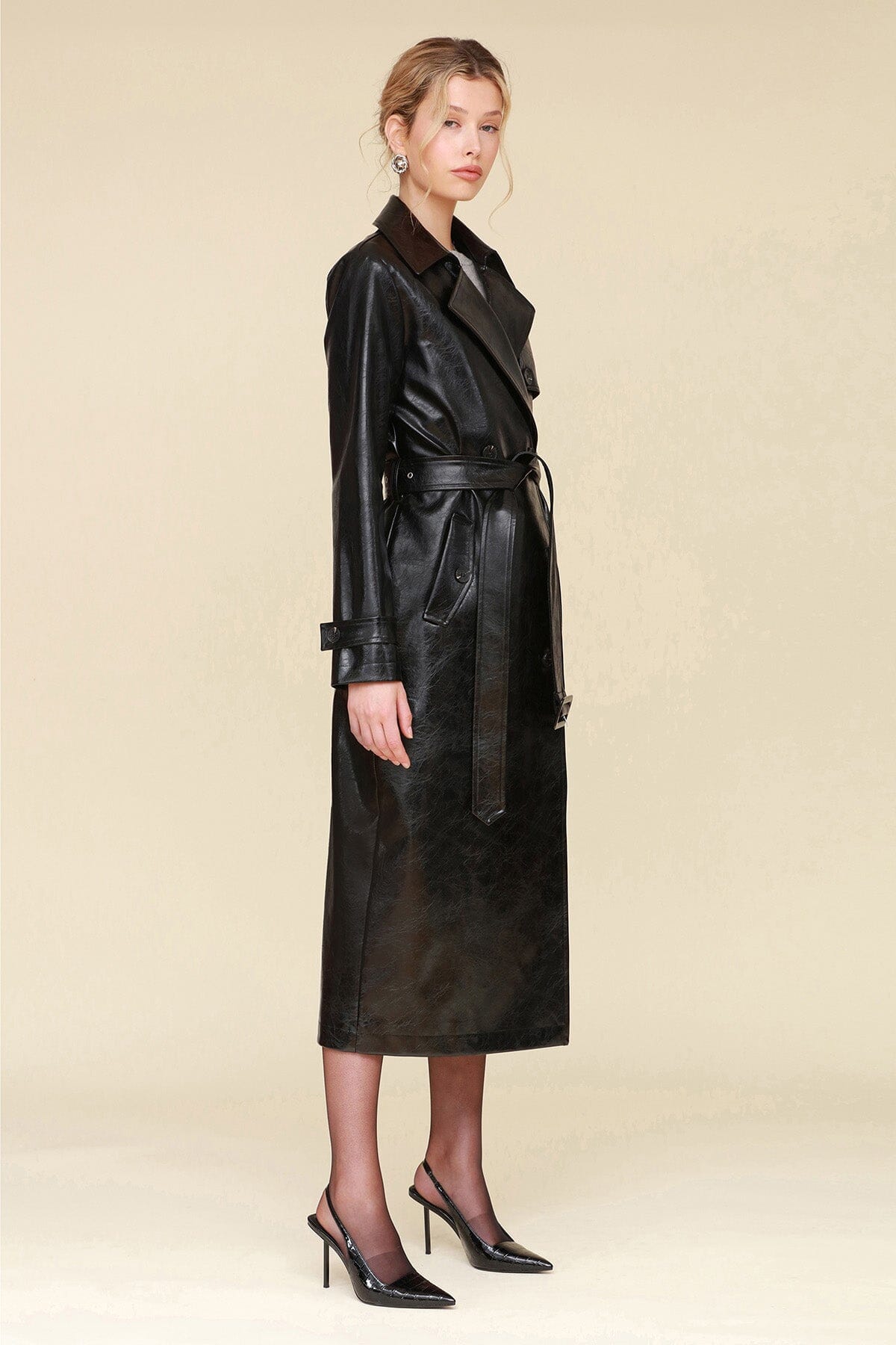Glazed Faux Leather Black Long Belted Trench Coat - Designer long faux leather women trench coat by Avec Les Filles