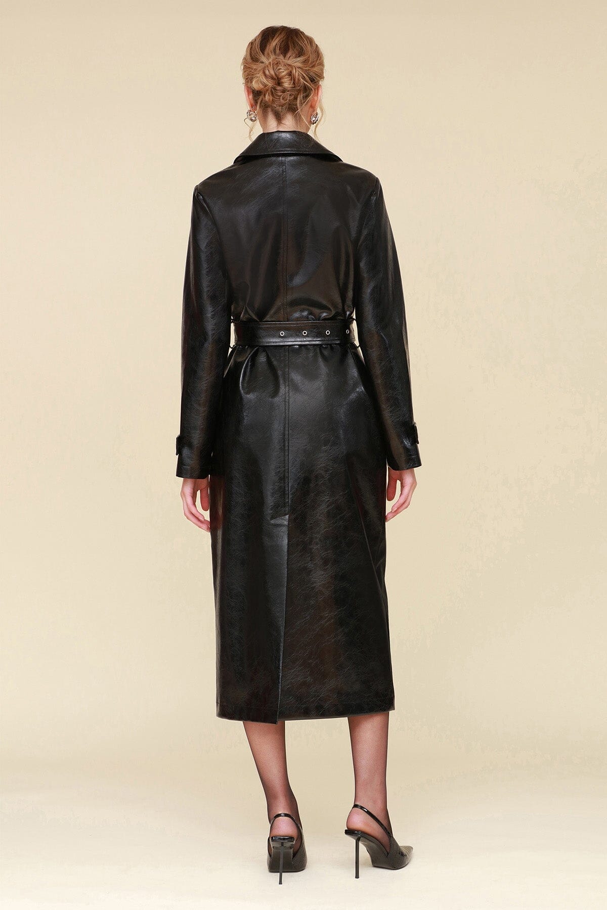 Glazed Faux Leather Black Long Belted Trench Coat - Designer long faux leather women's trench coat by Avec Les Filles