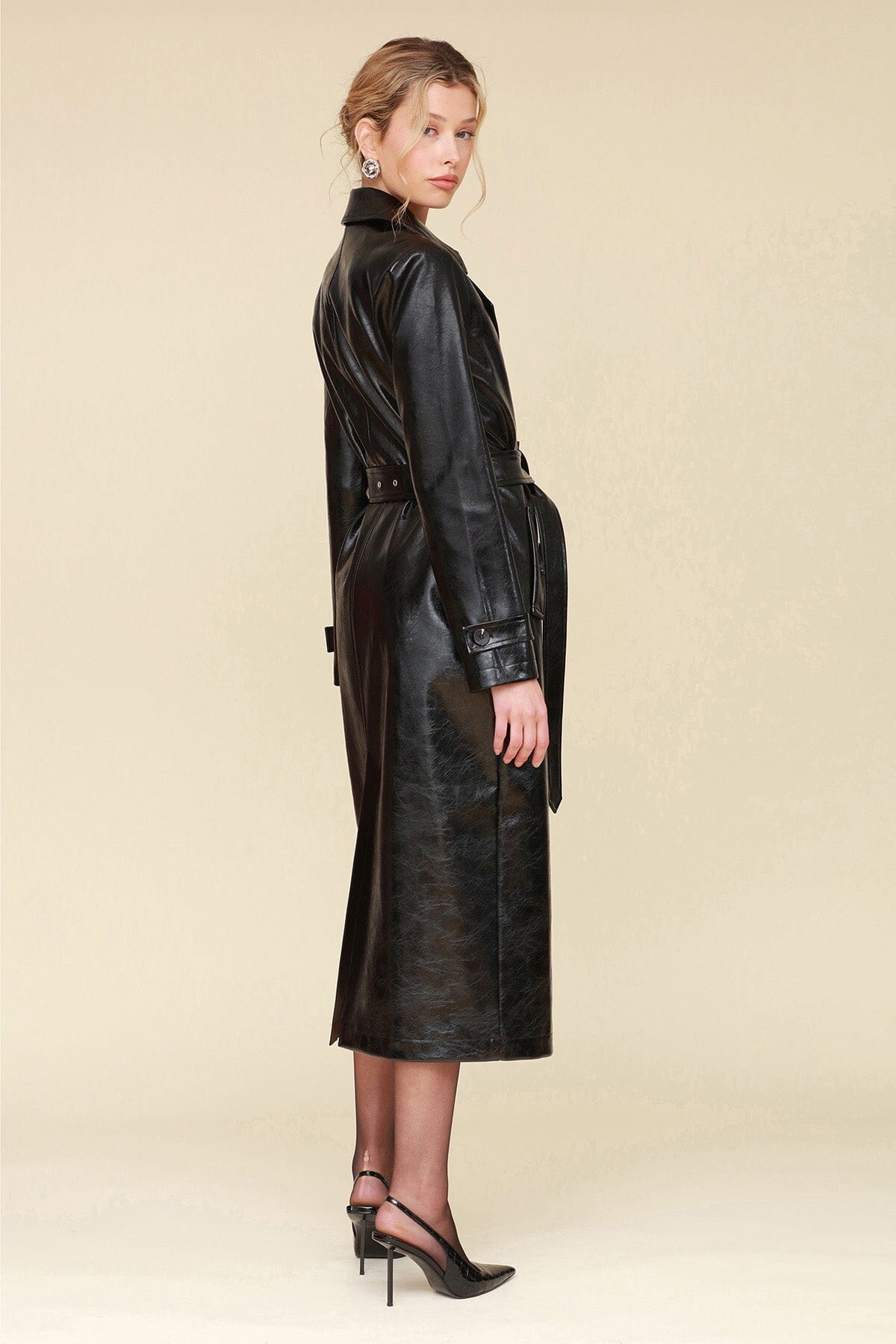 Glazed Faux Leather Black Long Belted Trench Coat - Designer long faux leather women trench coat by Avec Les Filles