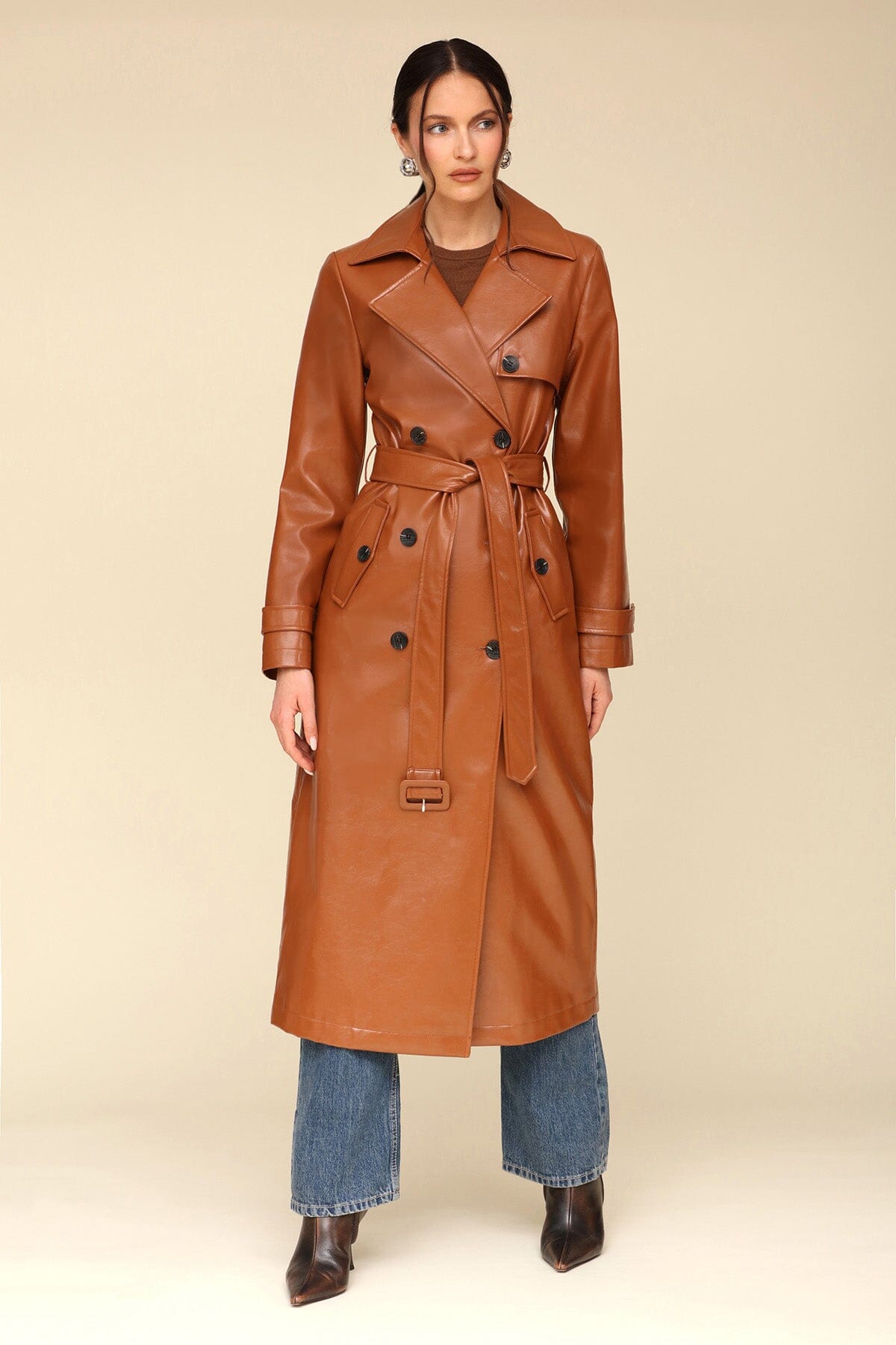 Glazed Faux Leather Long Belted Brown Trench Coat - women's trench coat by Avec Les Filles
