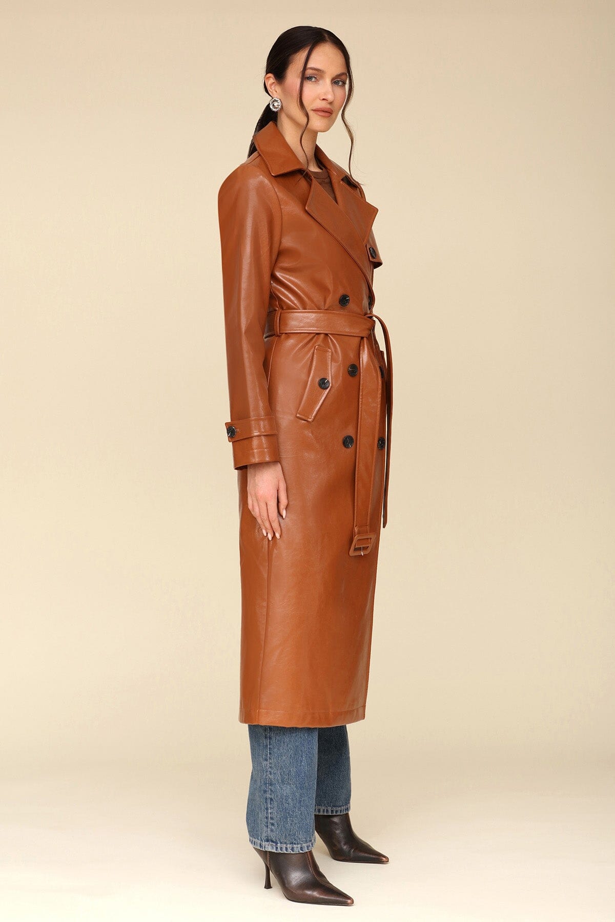 Glazed Faux Leather Long Belted Brown Trench Coat - women's leather trench coat by Avec Les Filles