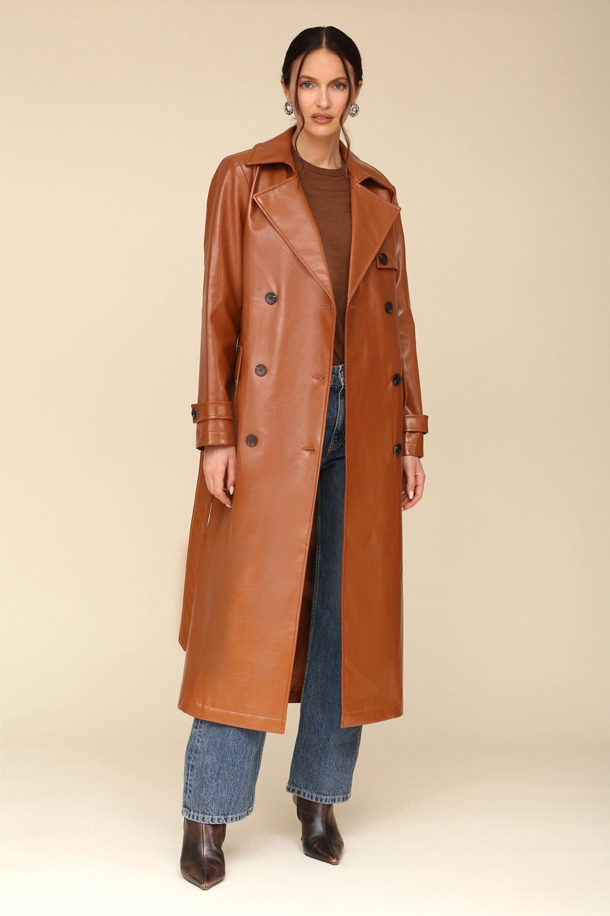 Glazed Faux Leather Long Belted Brown Trench Coat - women's trench coat by Avec Les Filles