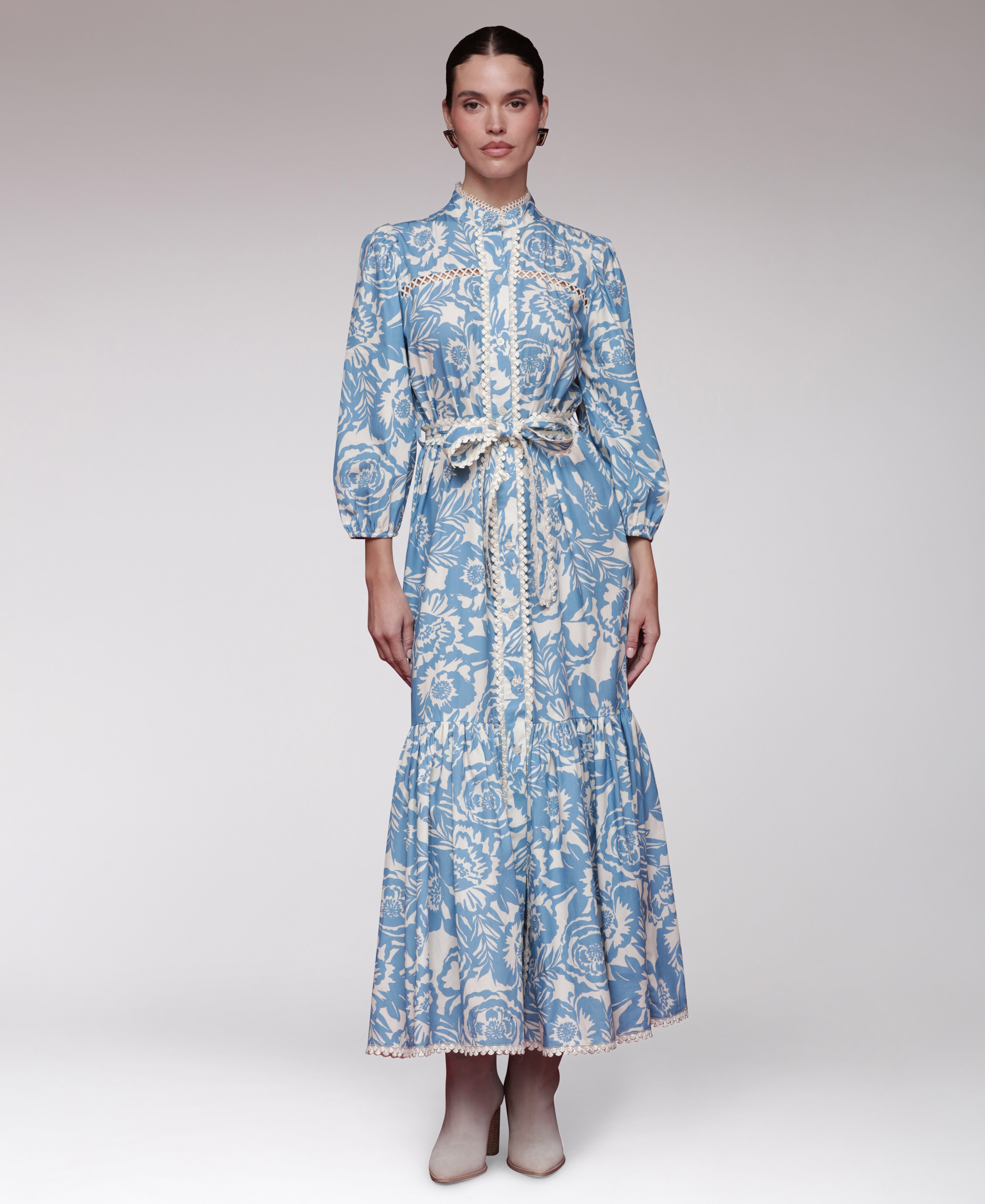 Long Sleeve Maxi Dress in Blue Floral with button front and belt. Cute maxi dresses by Avec Les Filles